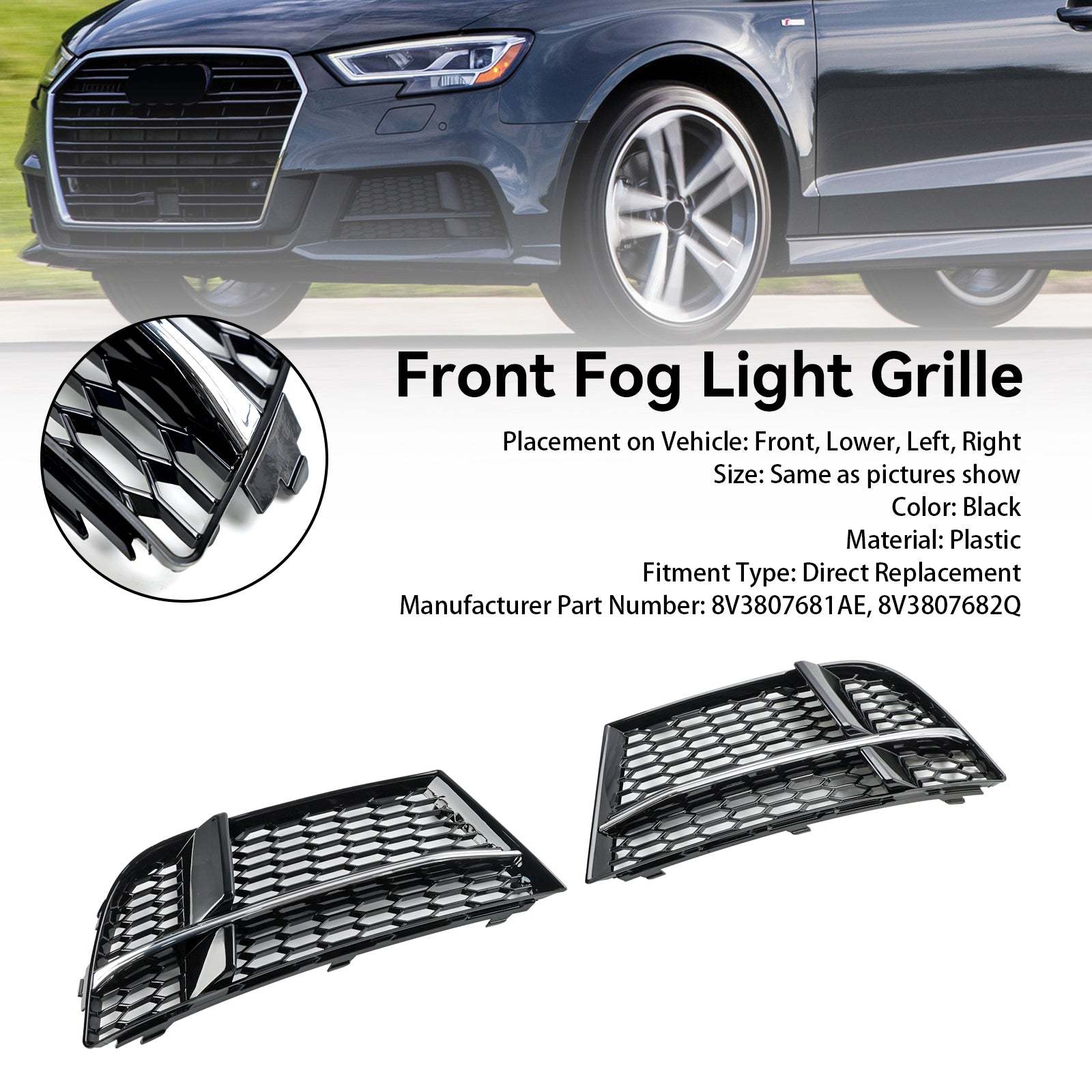 Mistlamp Cover Bezel Grill Grille Fit AUDI A3 S-LINE 2017-2019 8 V