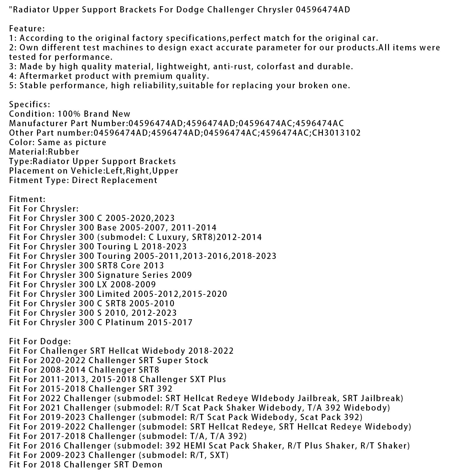 Radiator Upper Support Brackets For Dodge Challenger Chrysler 04596474AD