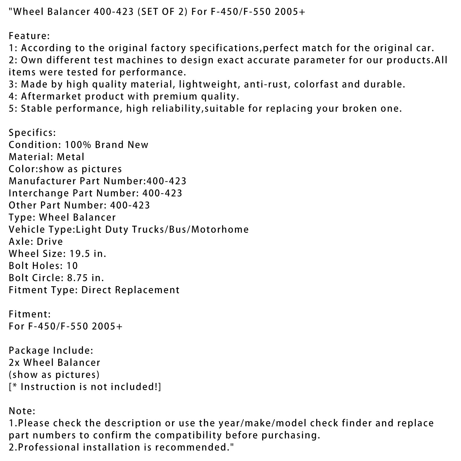 2005+ F-450/F-550 wielbalancer 400-423 (SET VAN 2)