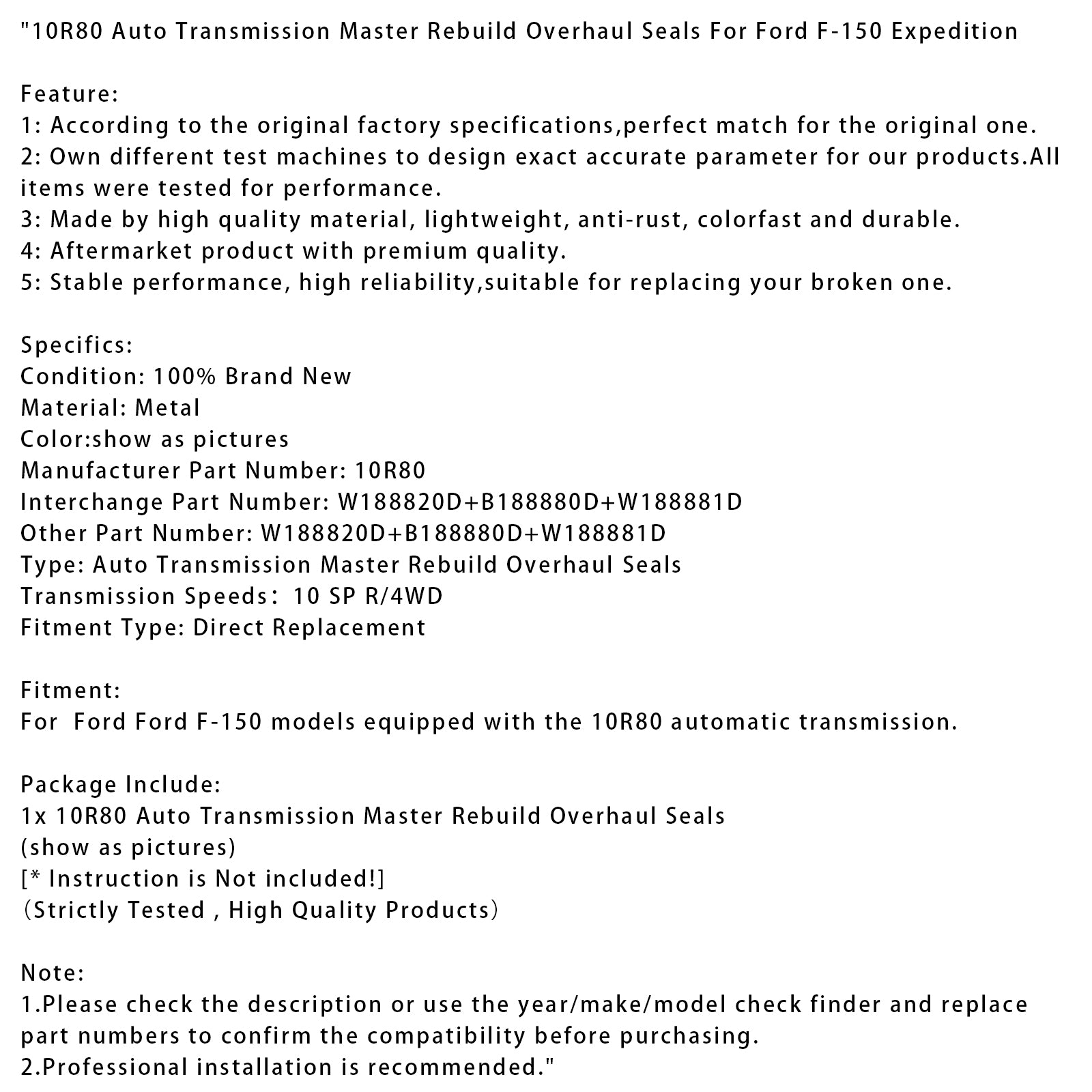 10R80 Auto Transmission Master Rebuild Overhaul Seals For Ford F-150 Expedition