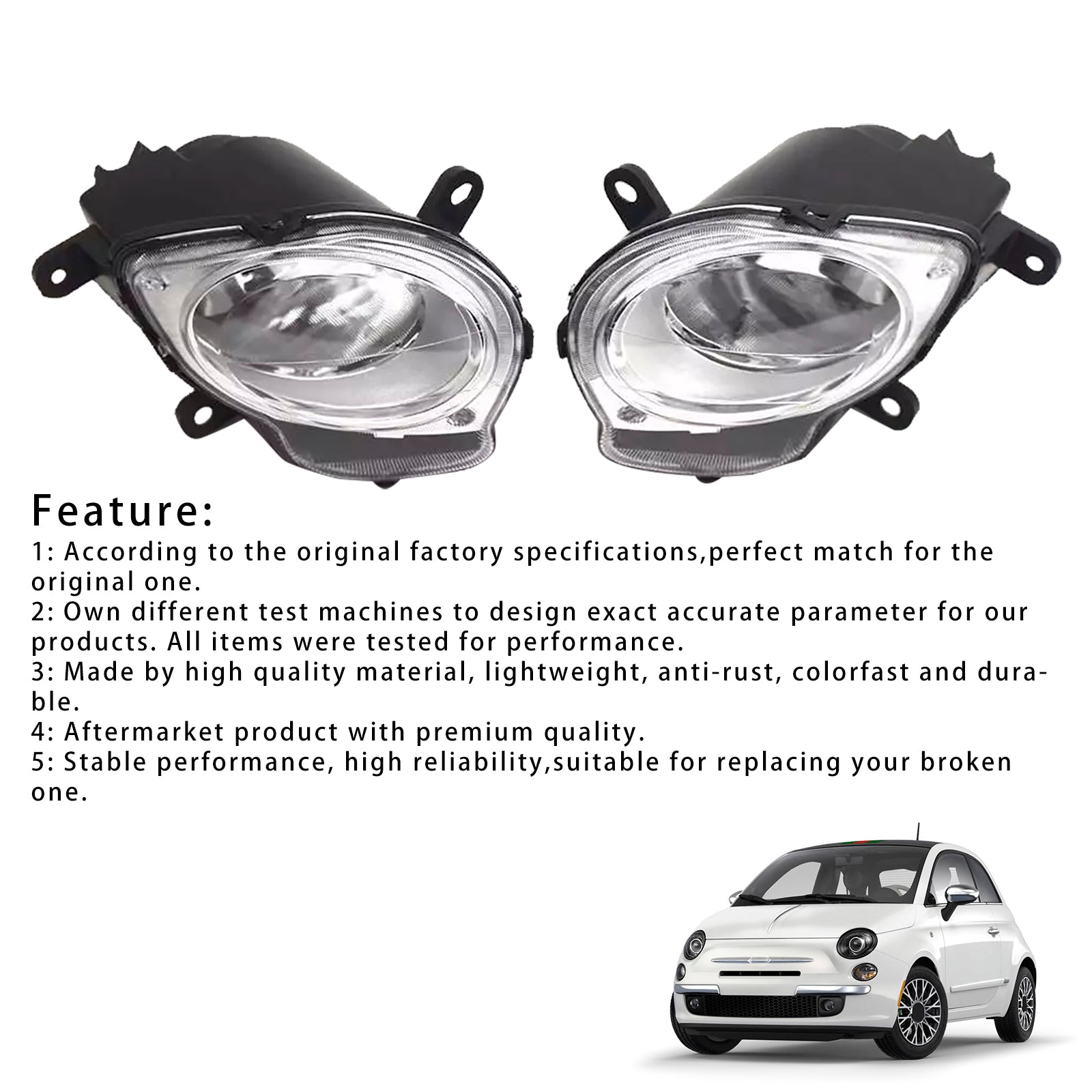 Left+Right High Beam Headlight Headlamp For Fiat 500 Hatchback 2008-2015