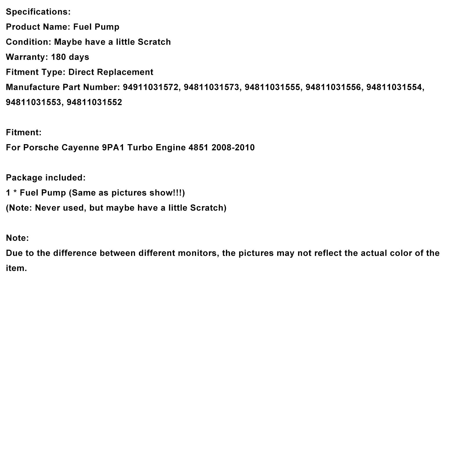 High Pressure Fuel Pump 94811031555 Fit Porsche Cayenne Turbo Engine 4851 08-10