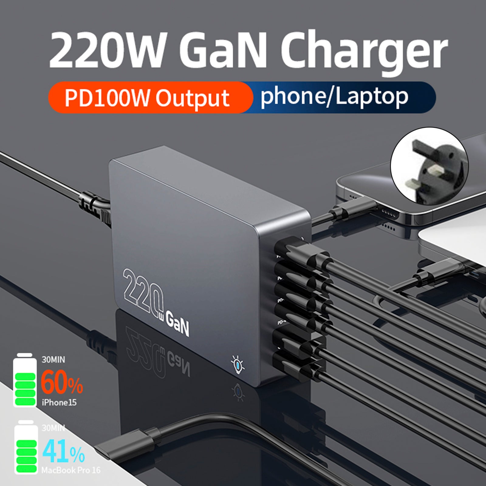 F8A ladestasjon USB 6-port hurtiglader PD100W ladestativ Smart lader