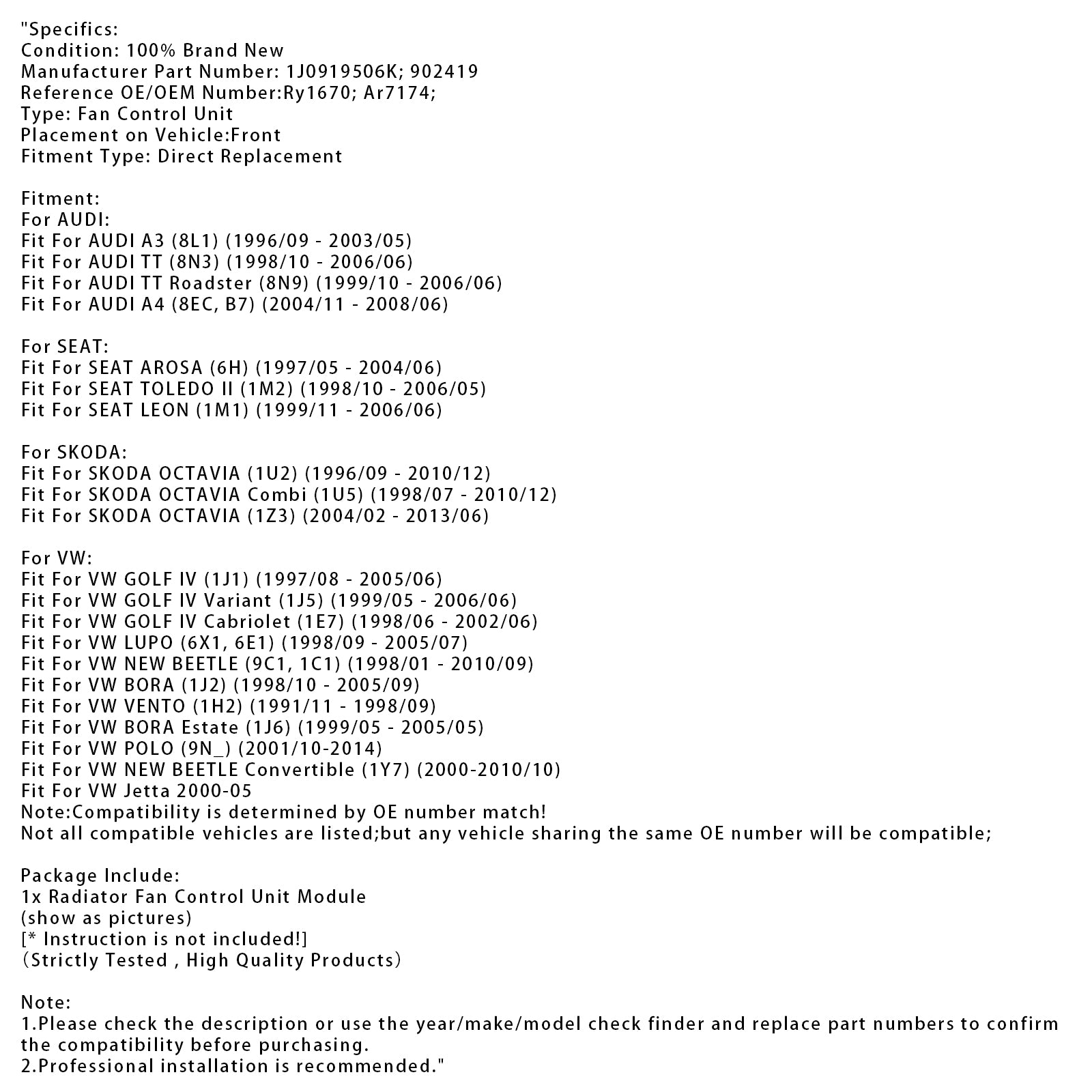 Radiator Fan Control Module For VW Golf IV New Beetle Audi TT A3 Seat 1J0919506K