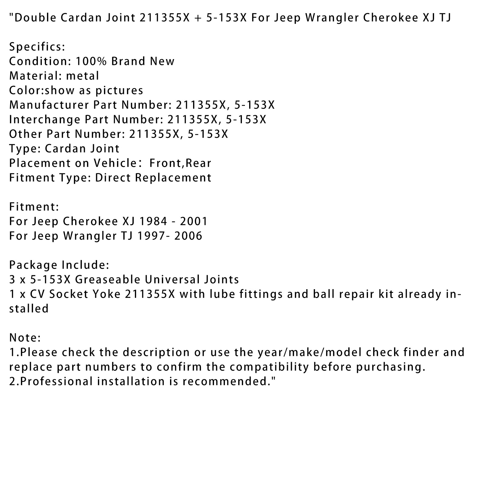 1997-2006 Jeep Wrangler TJ Double Cardan Joint 211355X + 5-153X