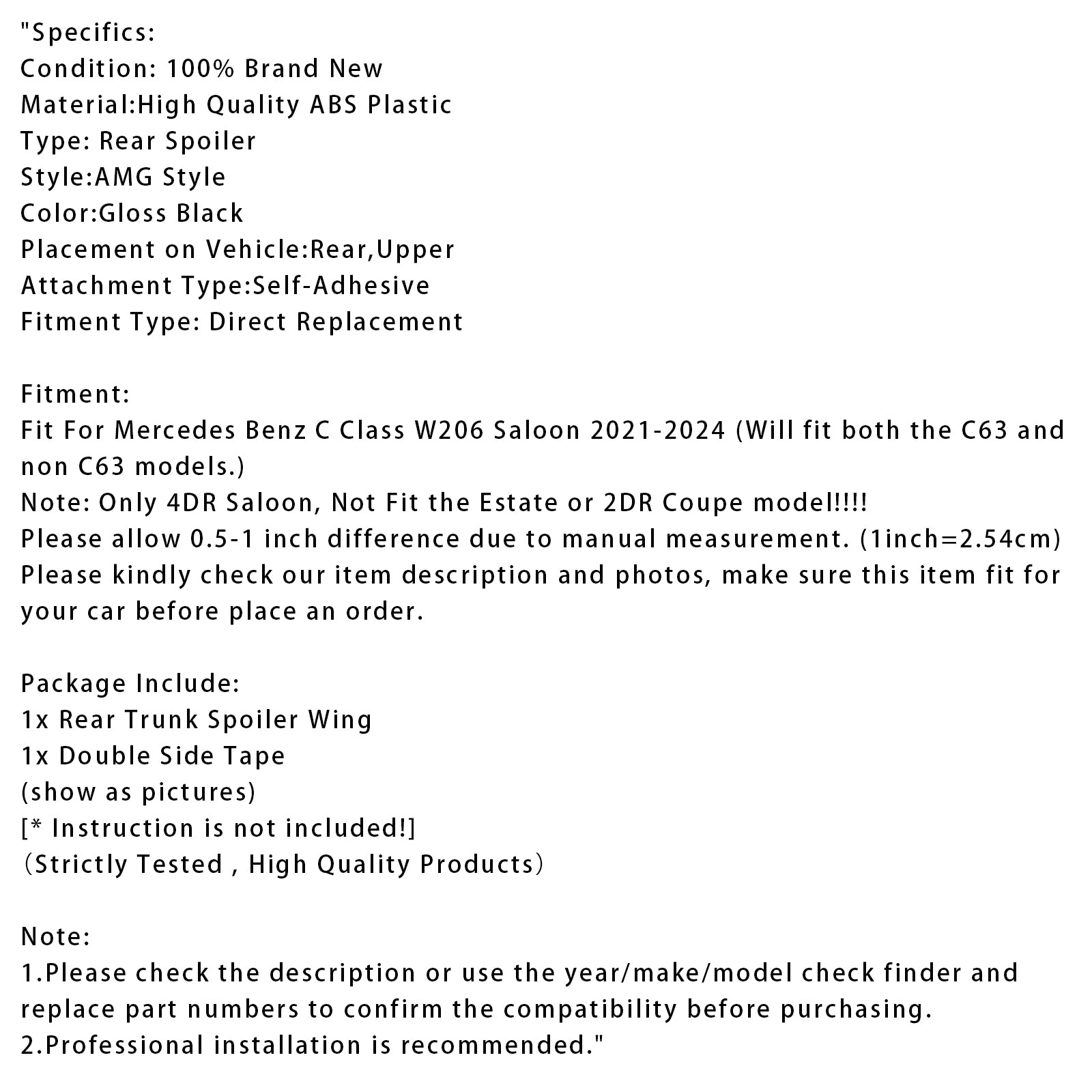 2021–2024 Mercedes-Benz C-klasse W206 AMG Style bakspoiler i glanset sort