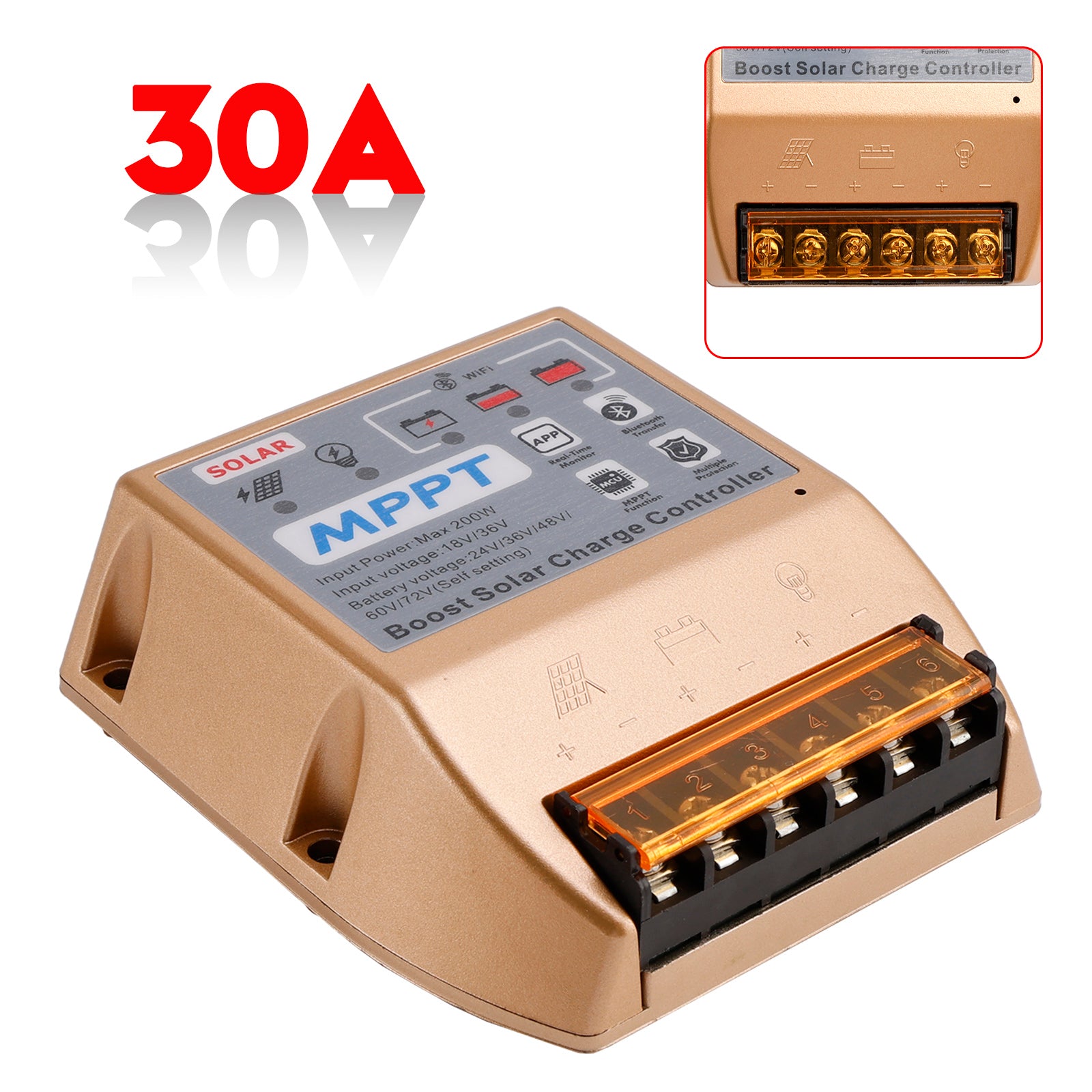 10A/20A/30A Boost MPPT-zonnecontroller 24V36V48V60V72V Mobiele APP Smart Control