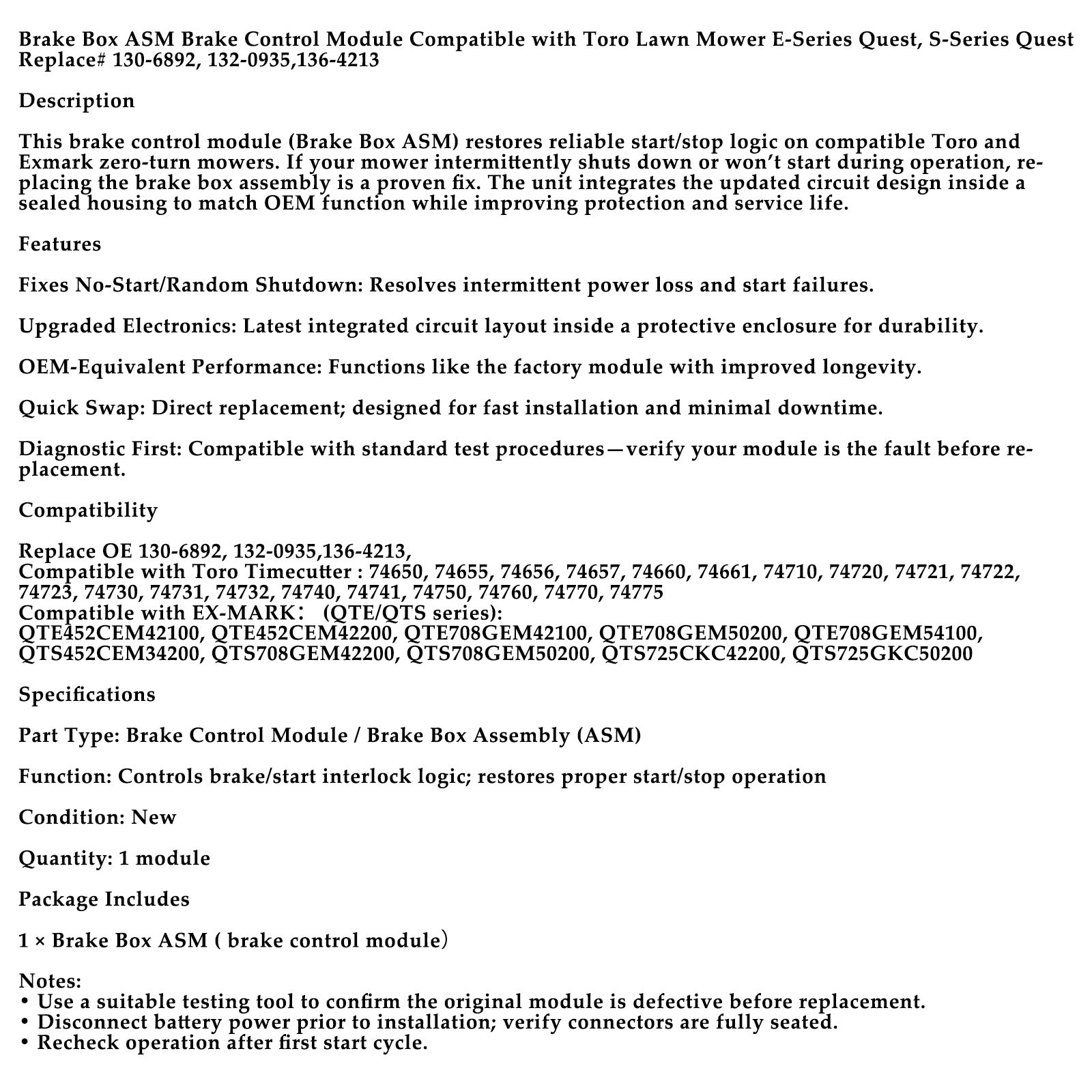 130-6892 136-4213 Brake Box ASM Brake Control Module For Toro Timecutter Exmark