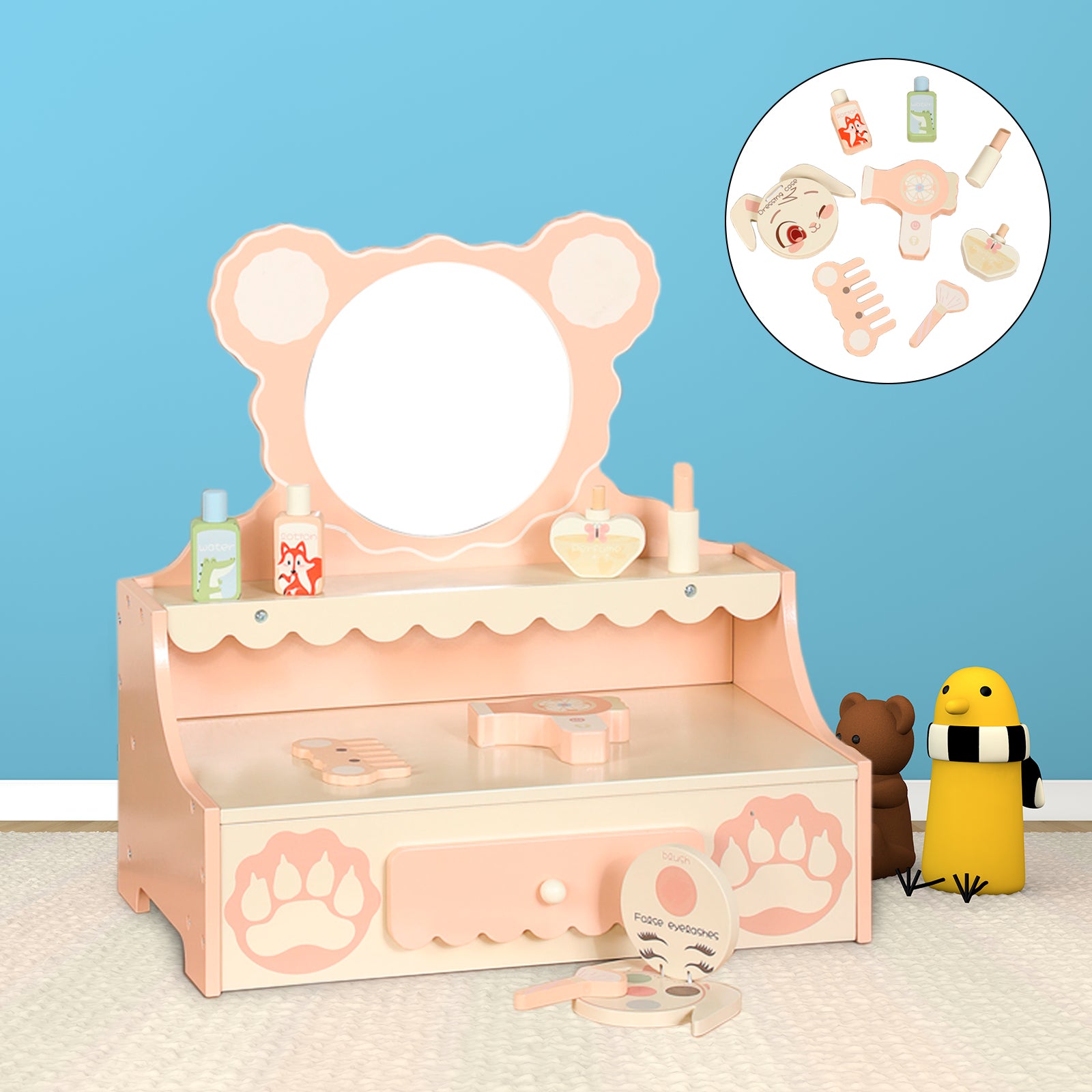 Vanité de princesse pour enfants de 3 ans et plus, bureau de jeu de simulation avec 8 accessoires de maquillage, ensemble de vanité pour enfants avec tiroir de rangement, table de maquillage pour petites filles avec miroir