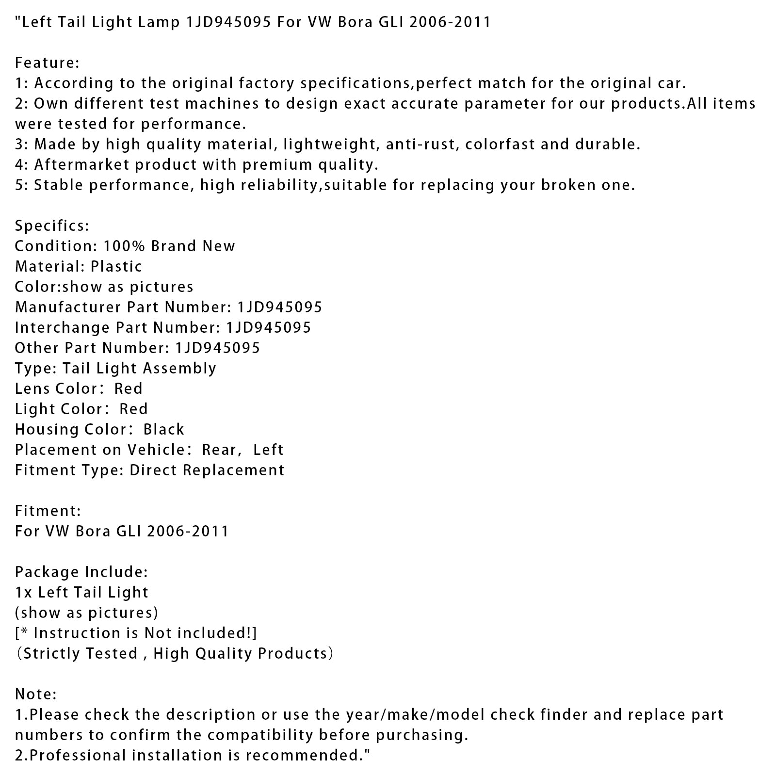 Left Tail Light Lamp 1JD945095 For VW Bora GLI 2006-2011