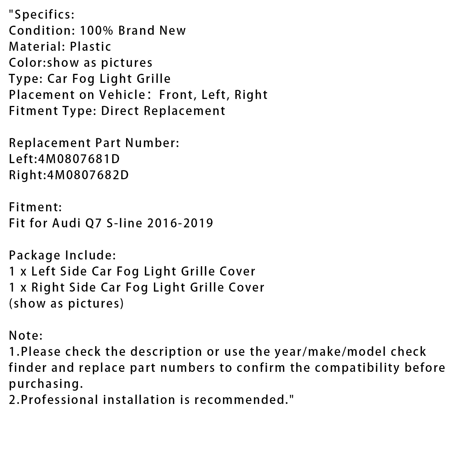 2016-2019 Audi Q7 S-Lijn 2X Originele Auto Voorbumper Mistlamp Roosters 4M0807681D 4M0807682D