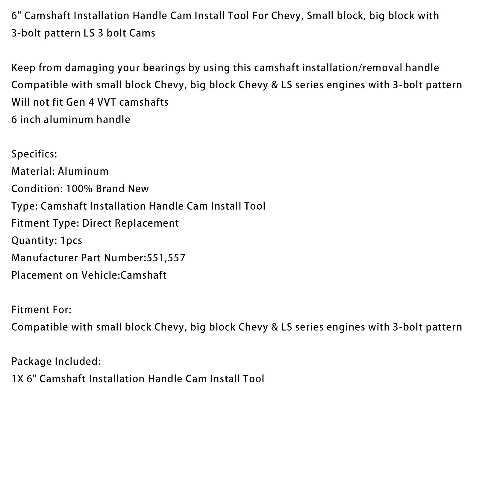 6" Camshaft Installation Handle Cam Install Tool For Chevy with 3-bolt pattern