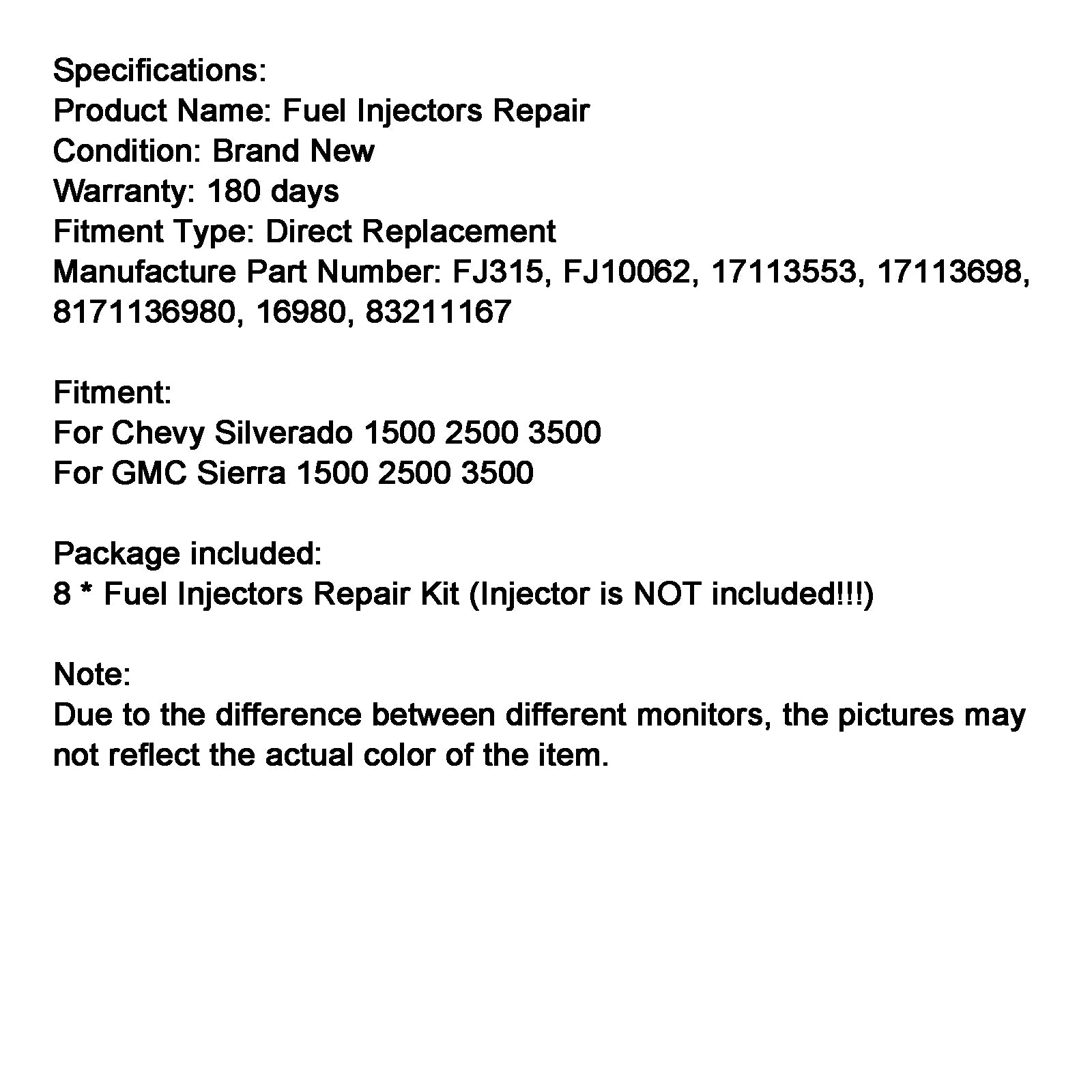 GMC Sierra 1500 2500 3500 Fuel Injector Repair Seal Kit Fit Chevy Silverado FJ315 FJ10062