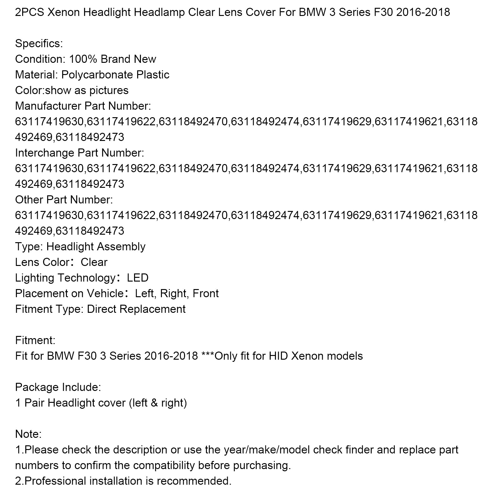 2016-2018 BMW 3 Serie F30 2PCS Xenon Koplamp Koplamp Heldere Lensdop