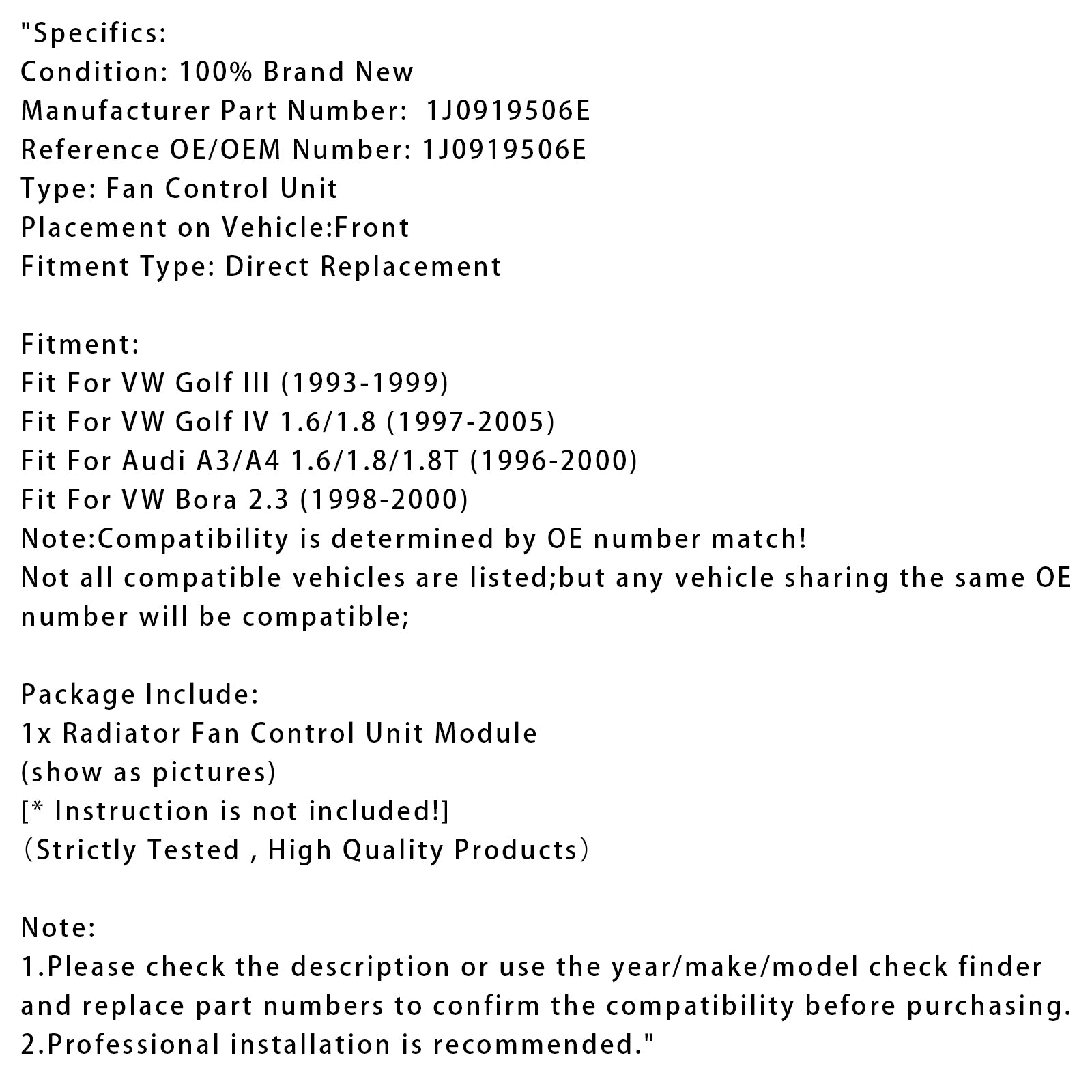 Radiator Fan Control Module For VW Golf III IV Bora Audi A3 1J0919506E