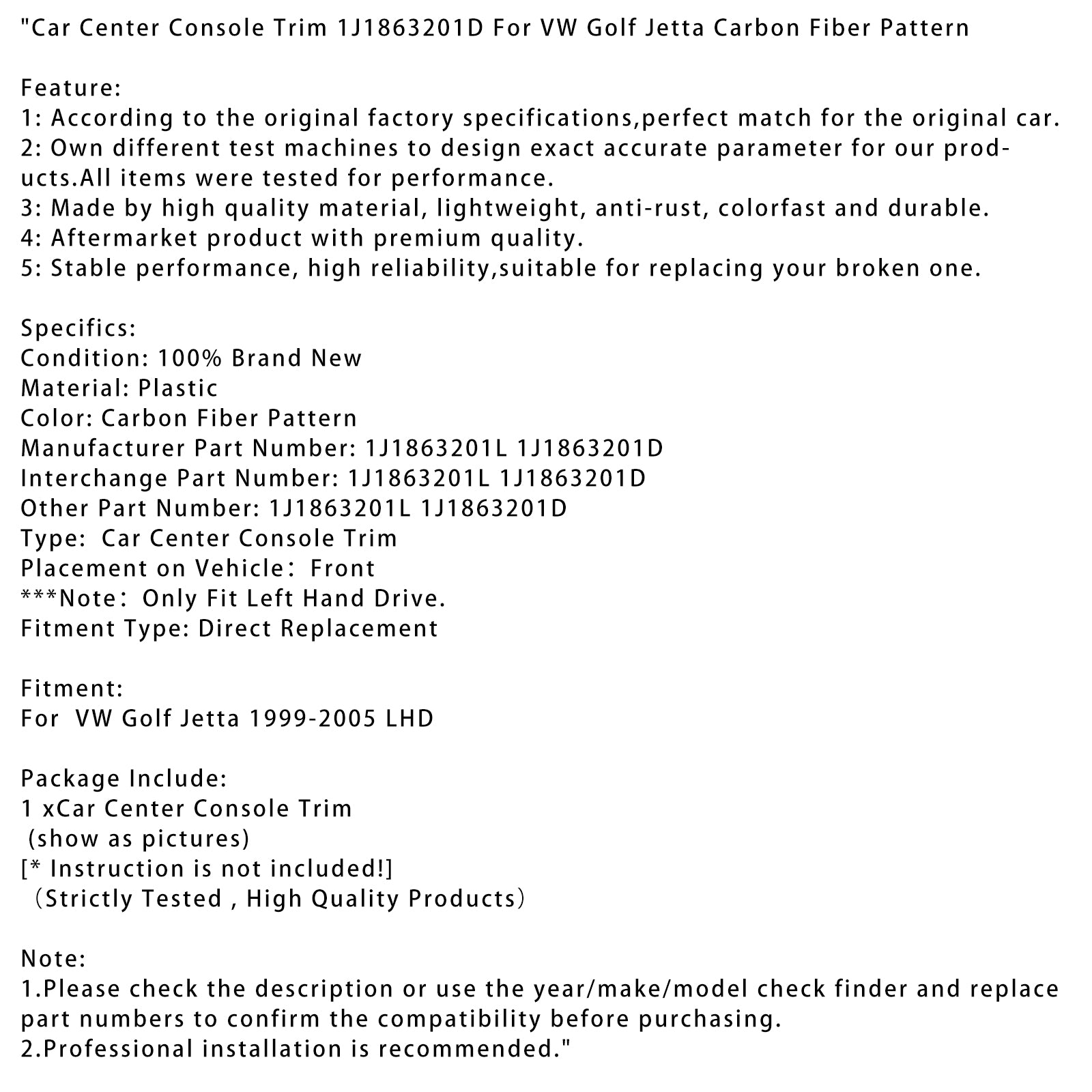 Modèle 1999-2005 de fibre de carbone de l'équilibre 1J1863201D de console centrale de voiture de VW Golf Jetta