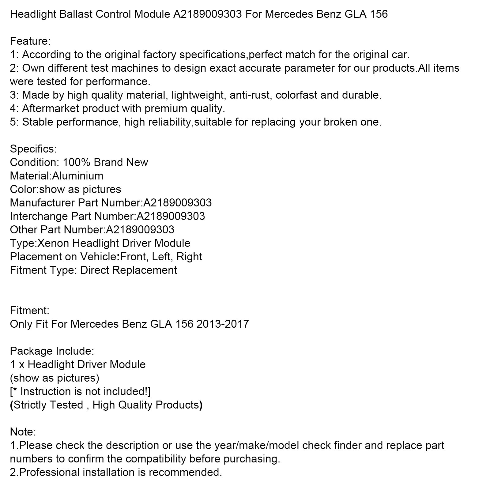Headlight Ballast Control Module A2189009303 For Mercedes Benz GLA 156