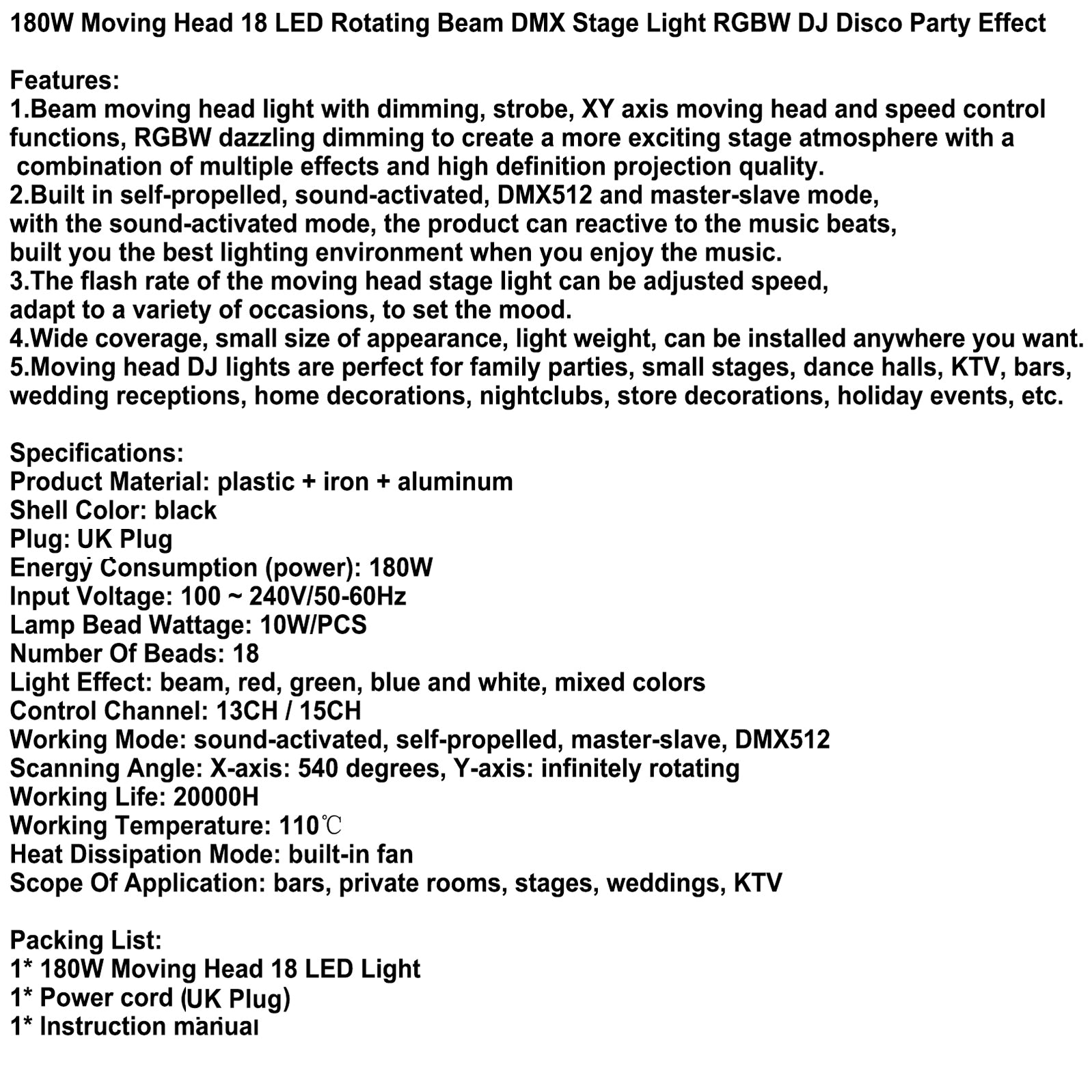 180W rörligt huvud 18 LED roterande stråle DMX scenljus RGBW DJ Disco Party Effect