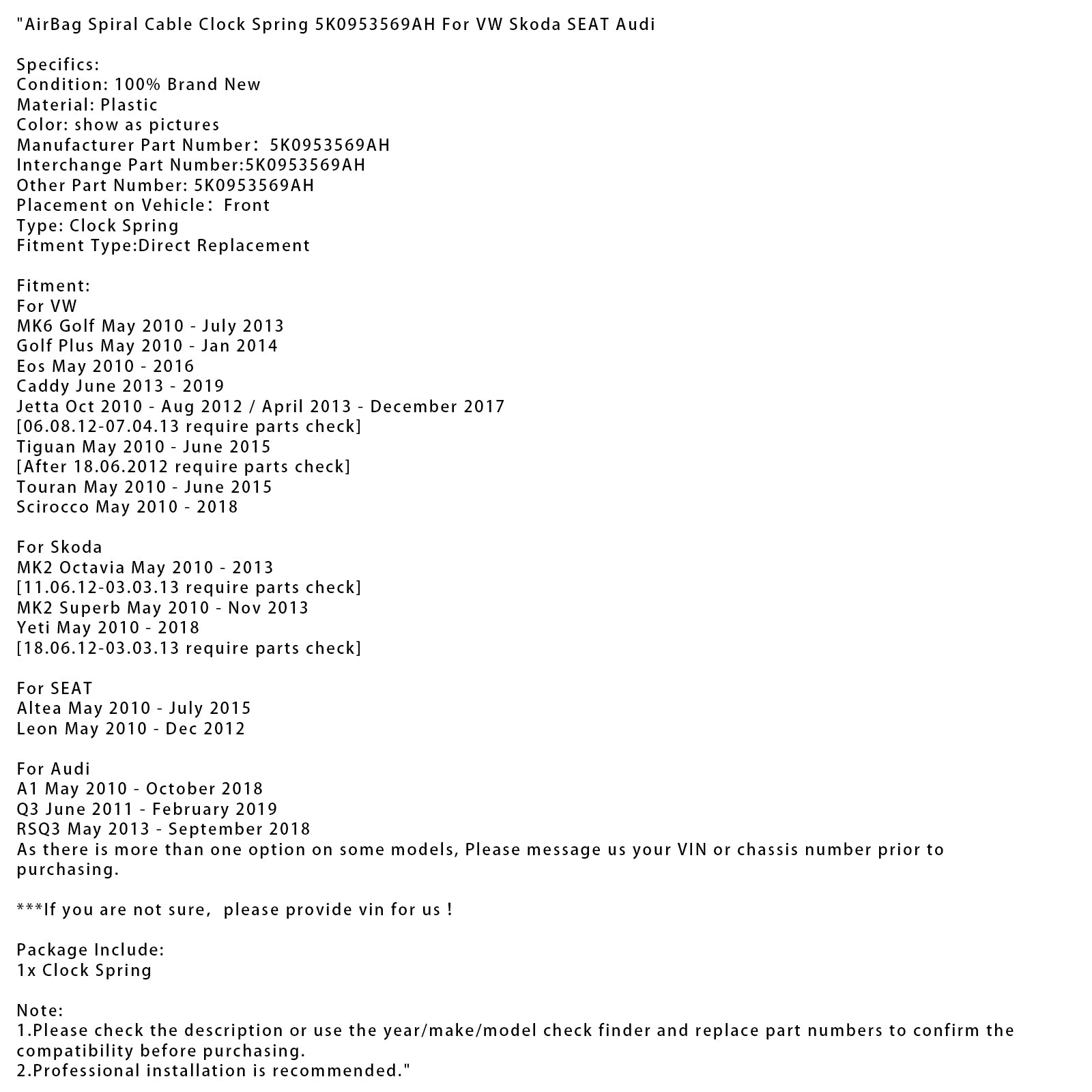 2010-2013 Skoda MK2 Octavia AirBag Spiral Cable Clock Spring 5K0953569AH