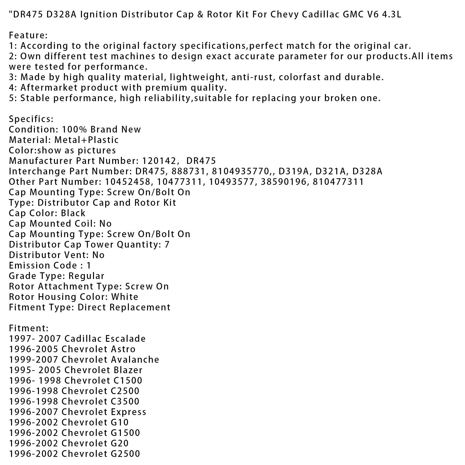 Tampa do distribuidor de ignição DR475 D328A & Kit de rotor para Chevy Cadillac GMC V6 4.3L