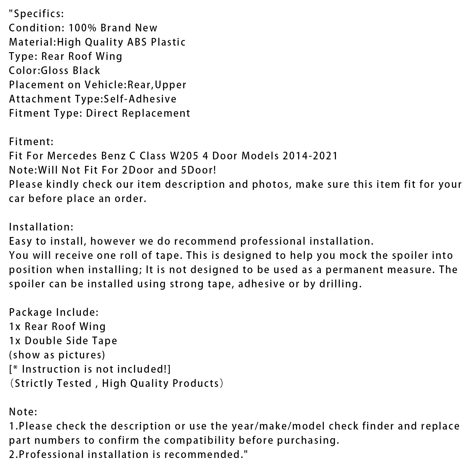 Mercedes-Benz Classe C 2014-2021 W205 Asa traseira do teto preto brilhante