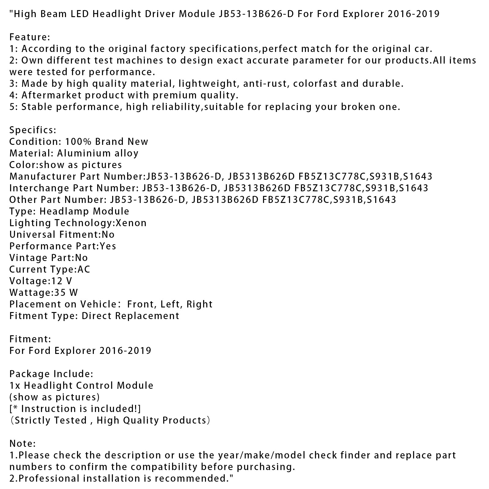 2016-2019 Ford Explorer helljus LED-strålkastare Driver Modul JB53-13B626-D