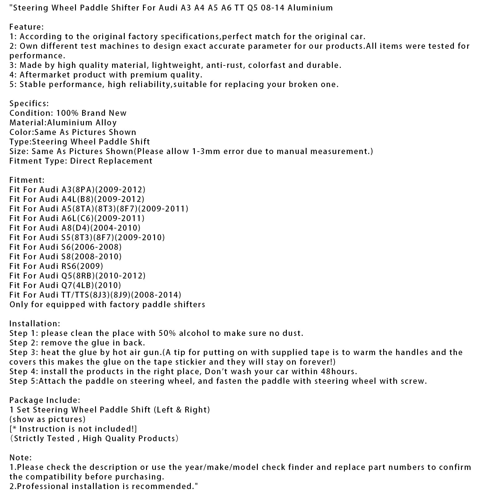 Steering Wheel Paddle Shifter For Audi A3 A4 A5 A6 TT Q5 08-14 Aluminium