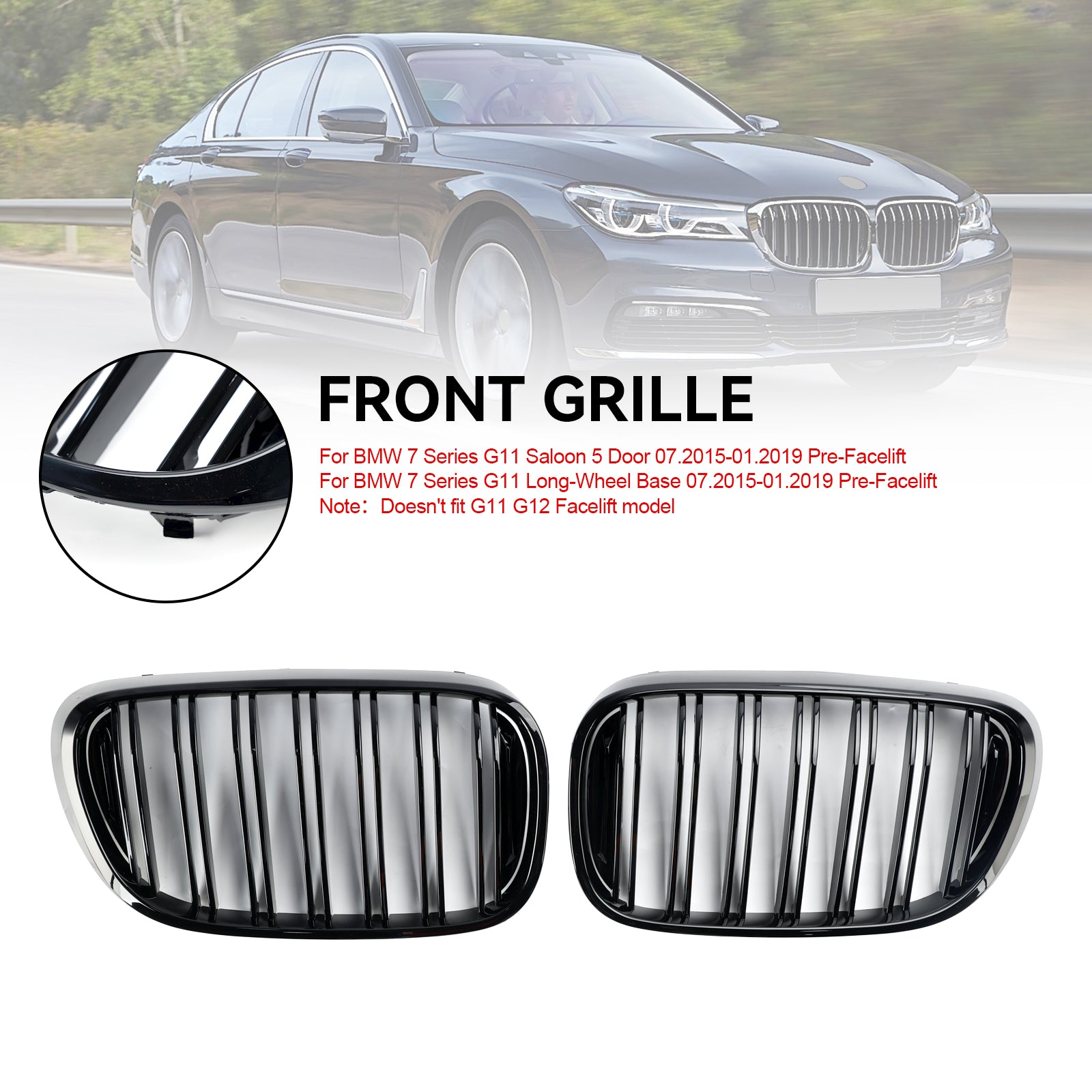 Black 2 Slat Front Kidney Grill Grille Fit For BMW 7 Series G11 G12 2016-18 Pre-LCI