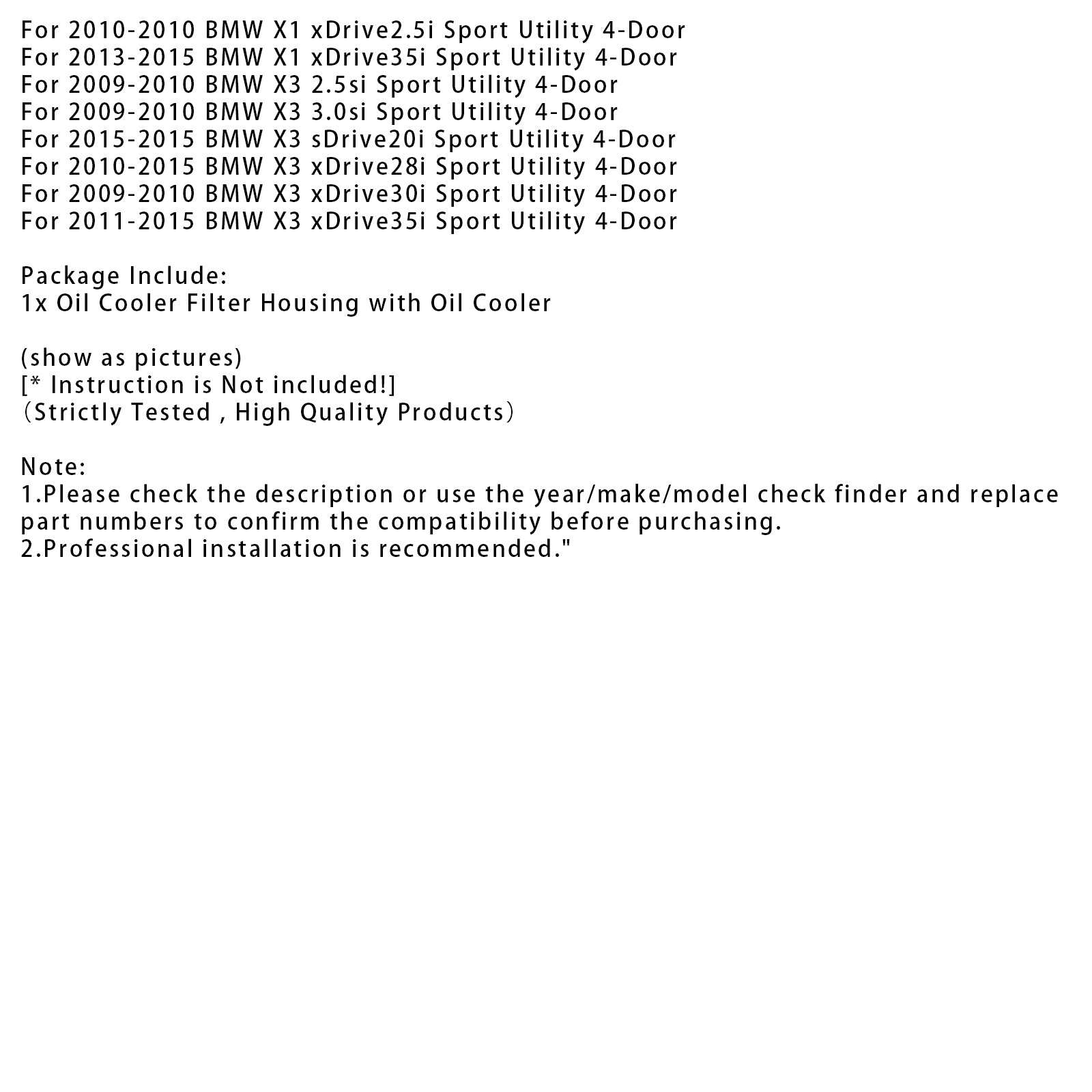 2011-2015 BMW X3 xDrive35i Sport Utility 4-Door Engine Oil Cooler Oil Filter Assembly 11428637812
