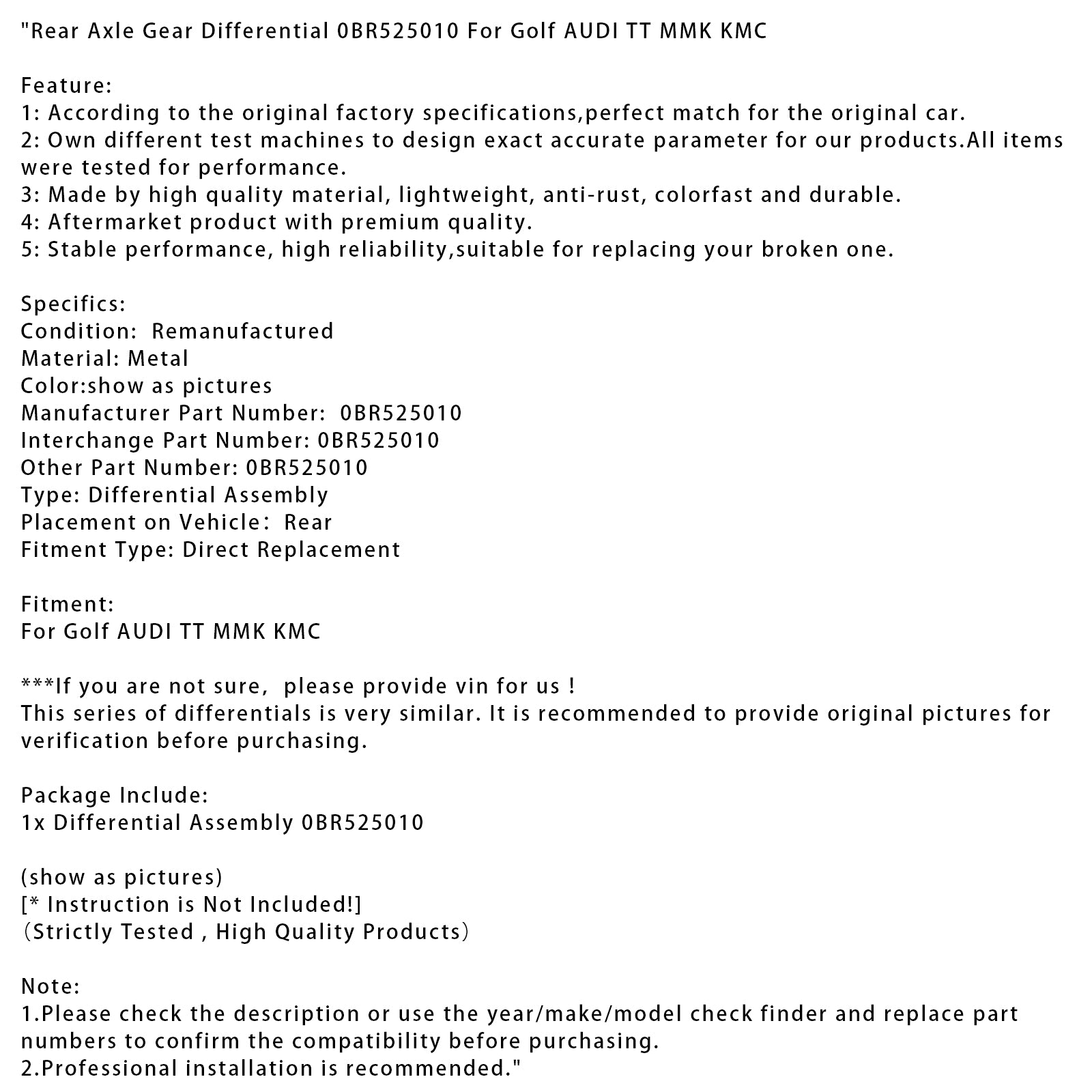 Golf AUDI TT MMK KMC Bakaxel Differential 0BR525010