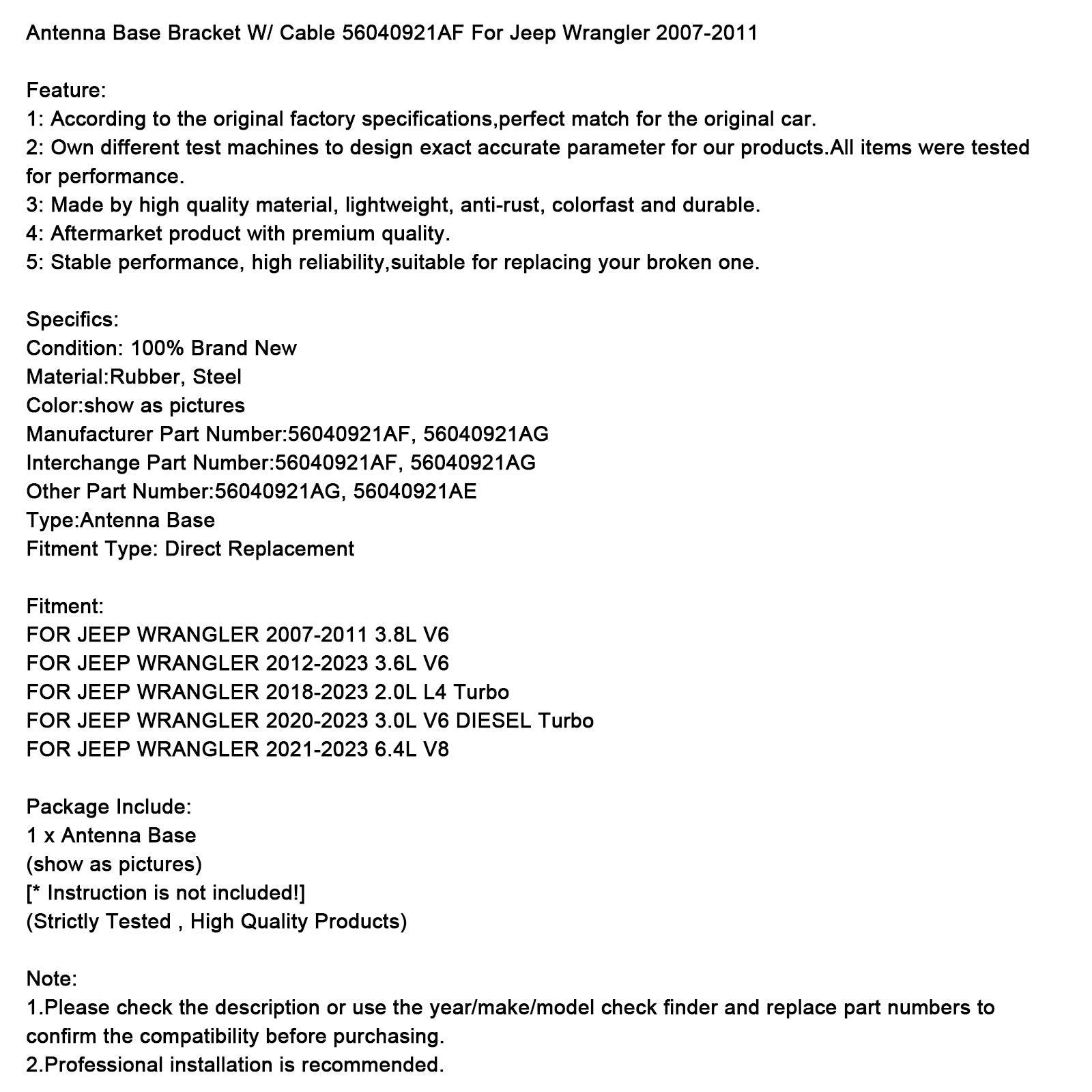 Antenna Base Bracket W/ Cable 56040921AF For Jeep Wrangler 2007-2011