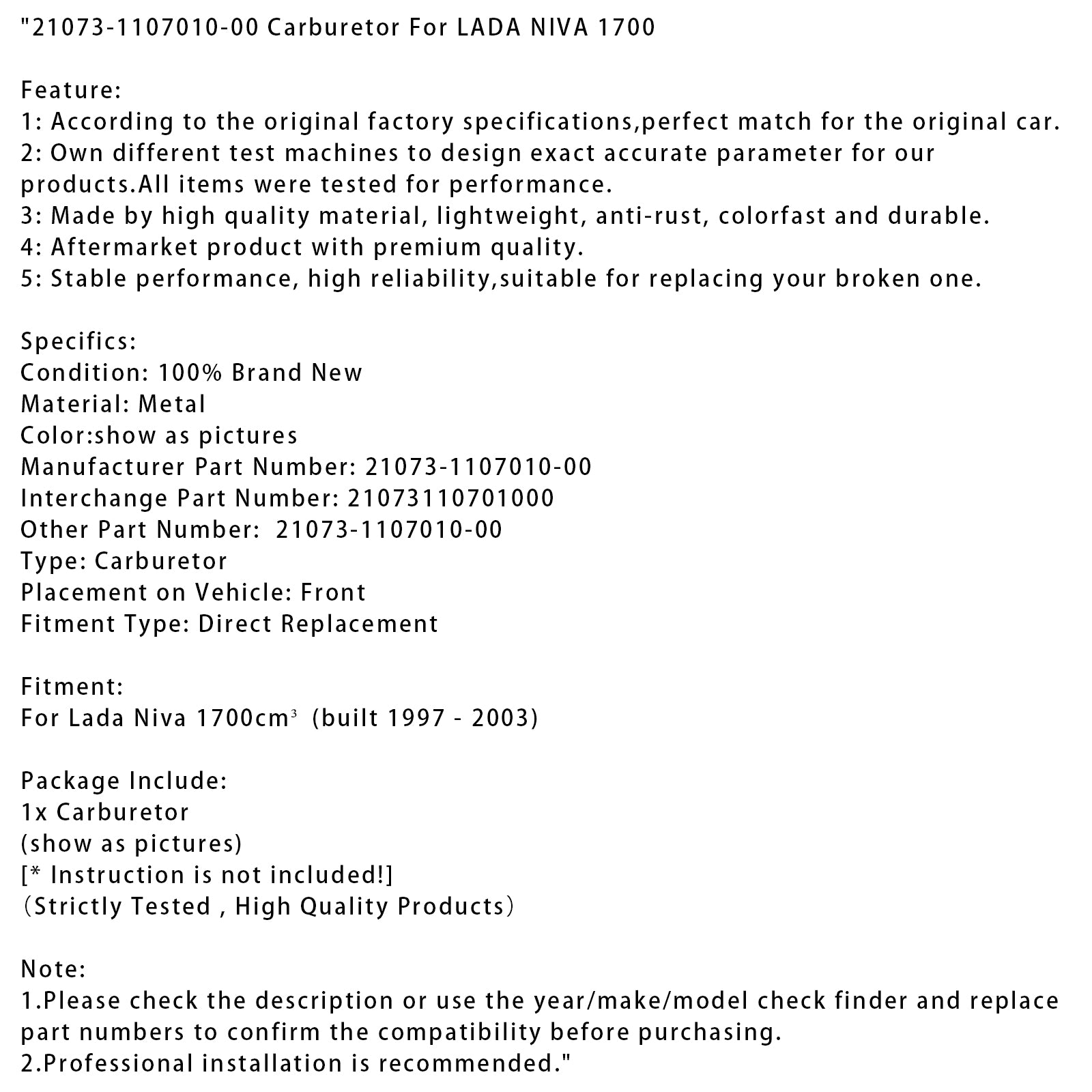1997-2003 Lada Niva 1700cm3 förgasare 21073-1107010-00