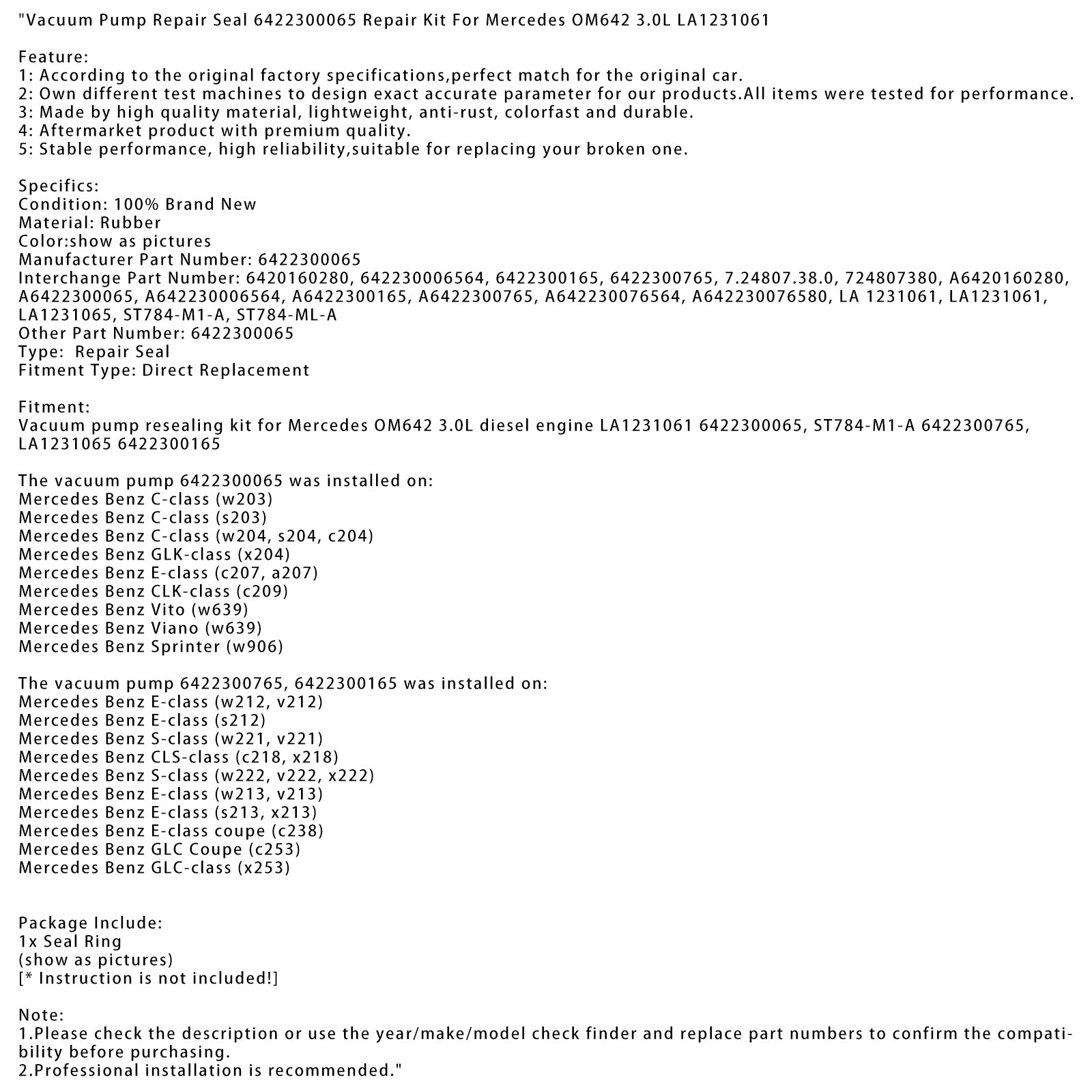 Vacuum Pump Repair Seal 6422300065 Repair Kit For Mercedes OM642 3.0L LA1231061