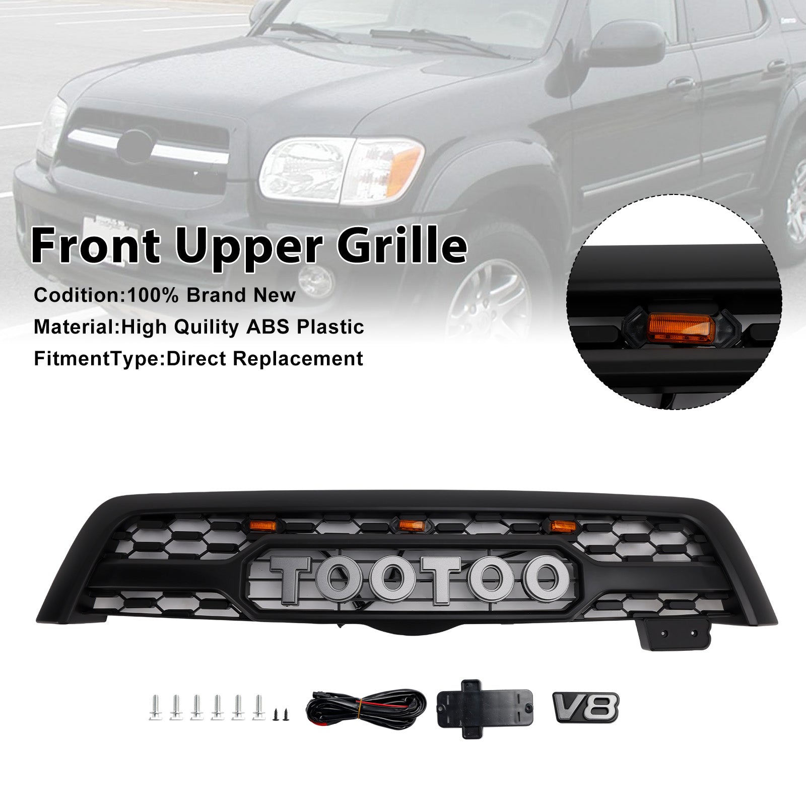 Matte Black Front Bumper Grill Grille Fit Toyota Sequoia 2005-2007 W/ Led Light
