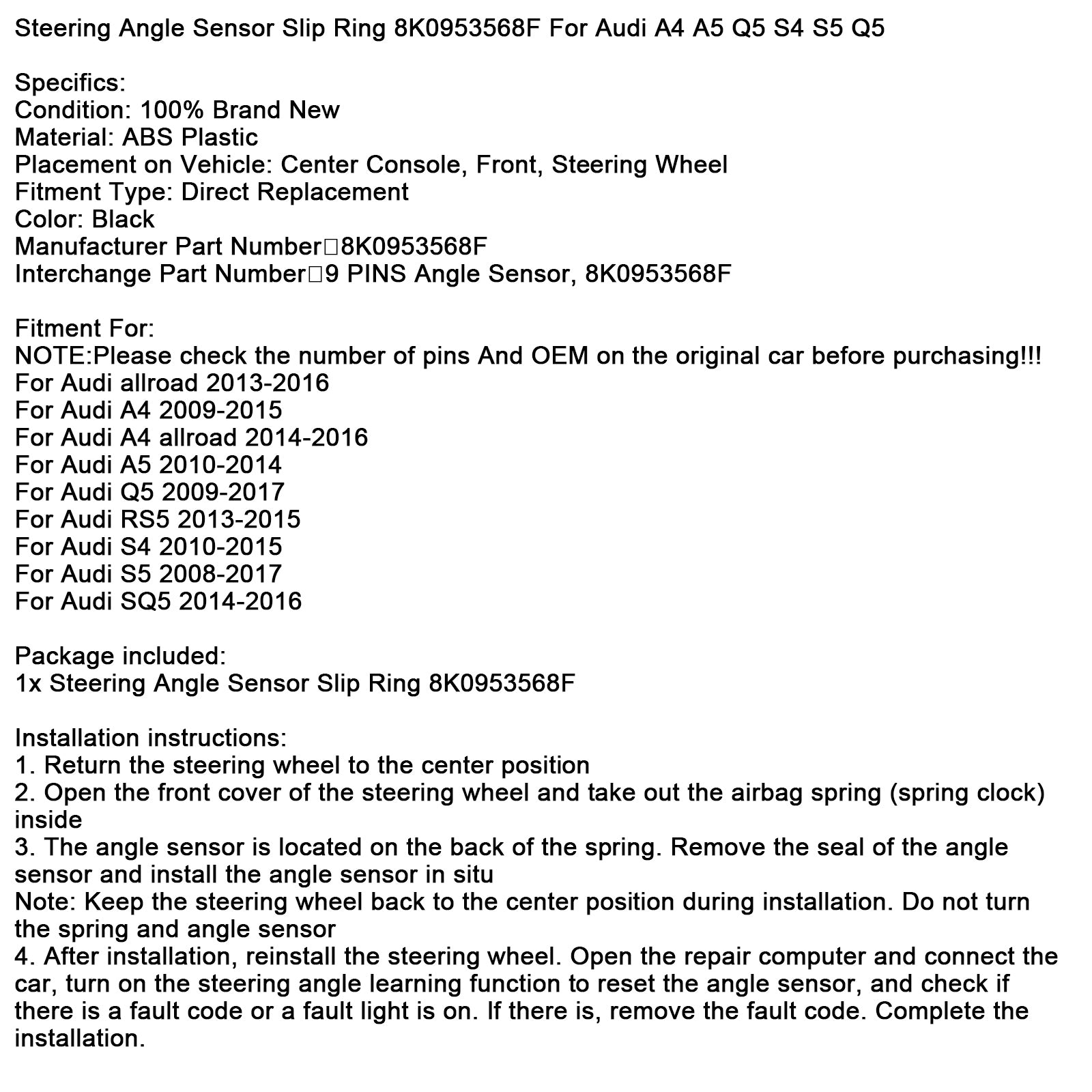 2008-2017 Zostava snímača snímača špirálového kábla Audi S5 9 PINS 8K0953568F