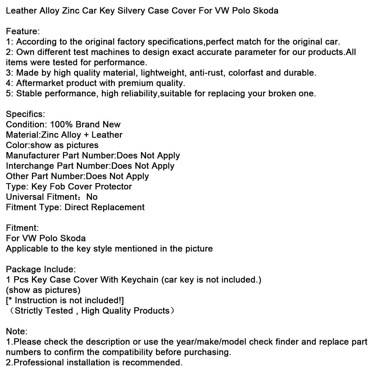 Leather Alloy Zinc Car Key Silvery Case Cover For VW Polo Skoda