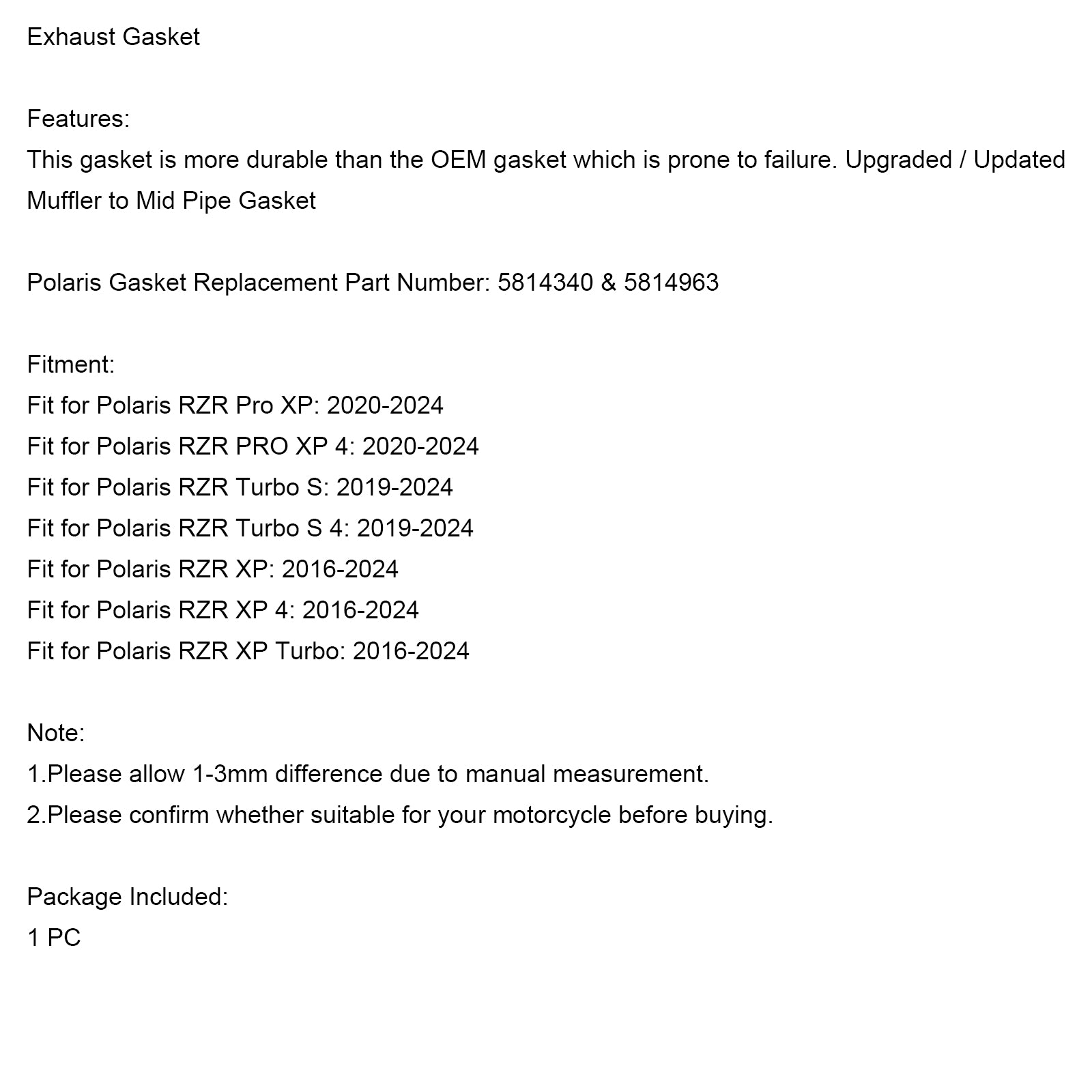5814340 5814963 Upgraded Exhaust Gasket for Polaris RZR Turbo XP PRO 2016-2023