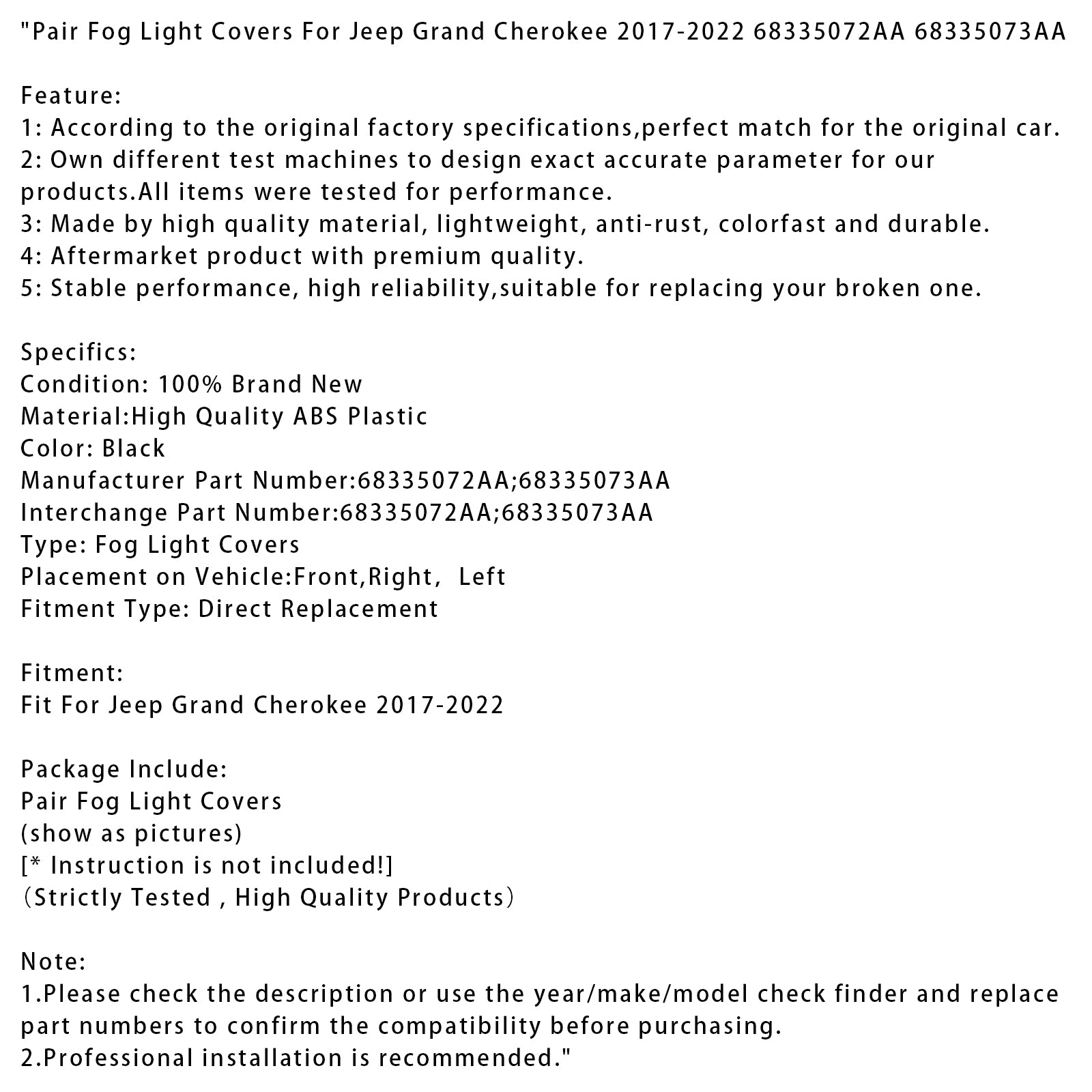 2017-2022 Jeep Grand Cherokee Pair Fog Light Covers 68335072AA 68335073AA