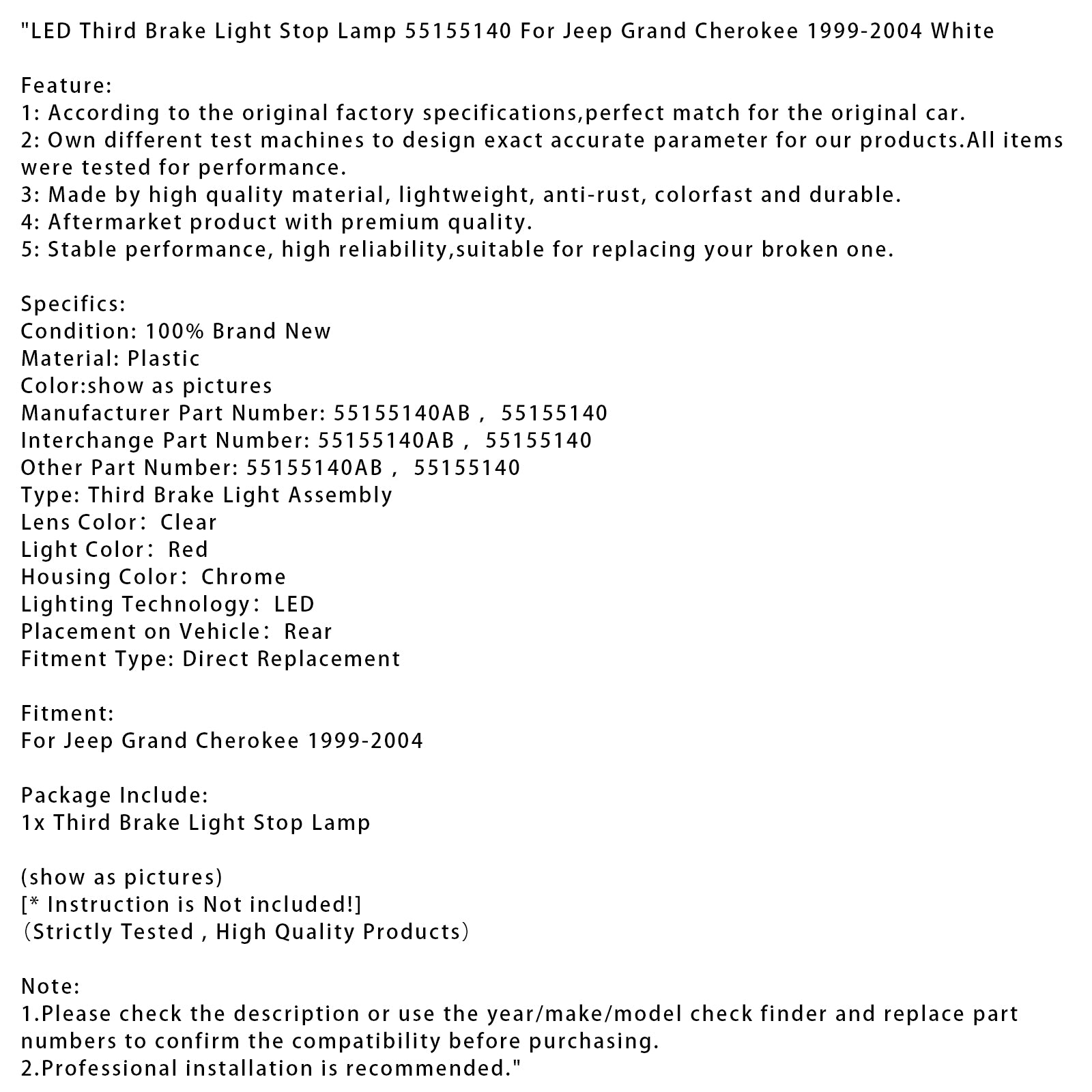 Tercera luz de freno LED, lámpara de parada 55155140 para Jeep Grand Cherokee 1999-2004, blanca