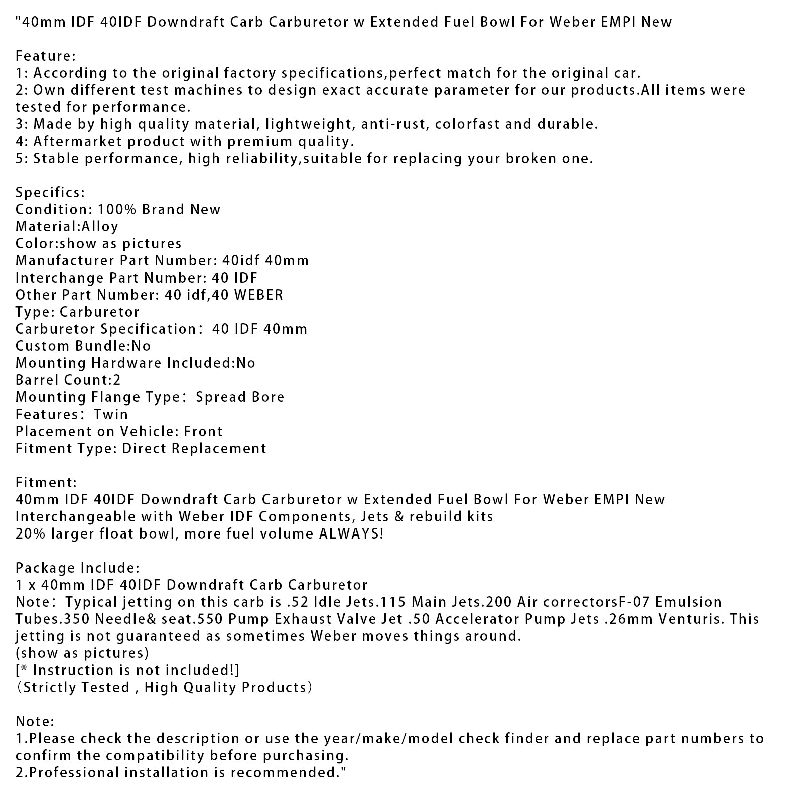 40 mm IDF 40idf Downfraft Carb Carburor W Bol à carburant prolongé pour Weber Empi