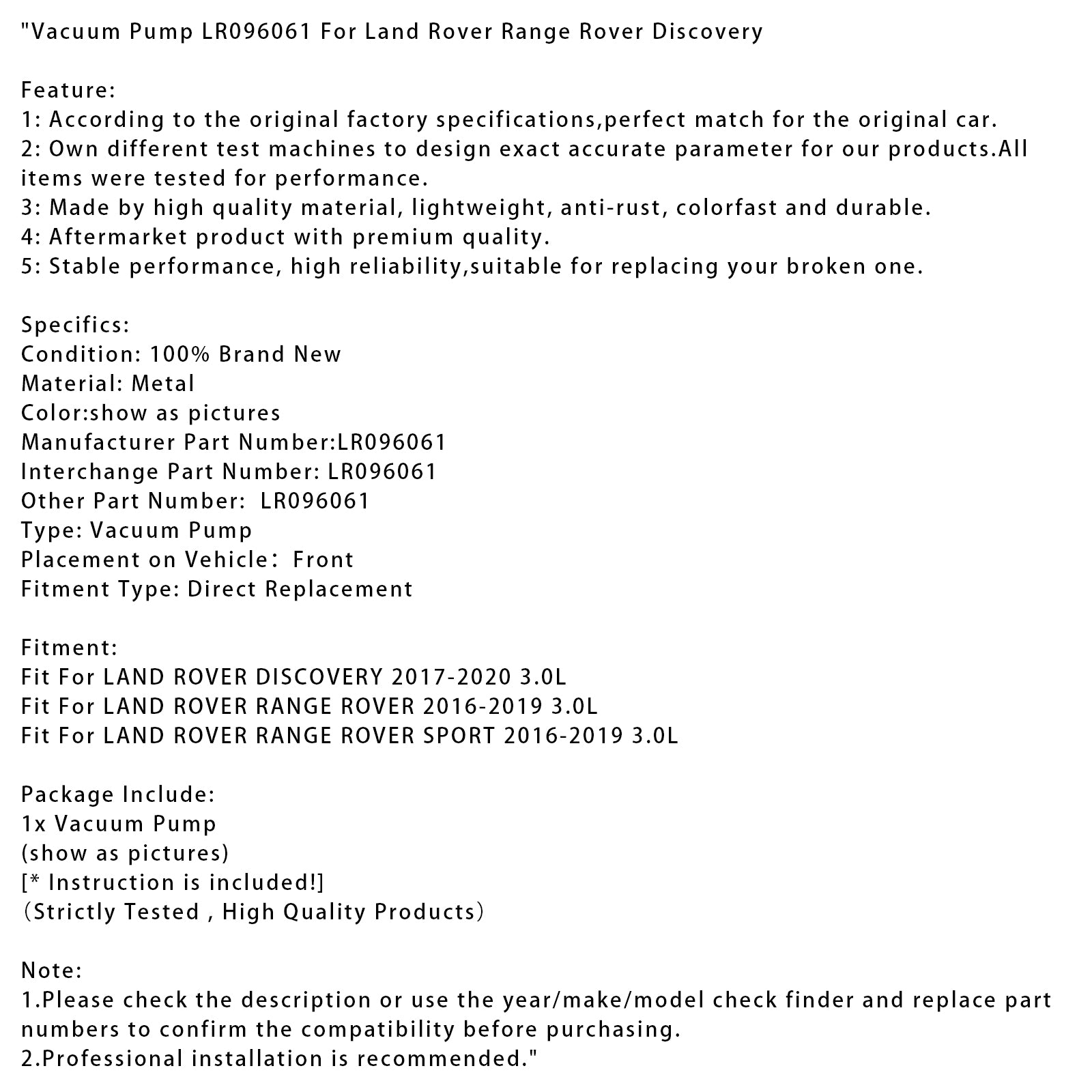 Pompe à vide LR096061 pour la découverte Land Rover Range Rover