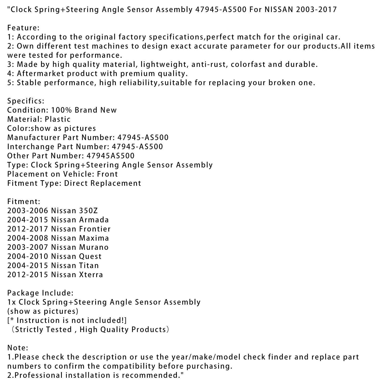 2003-2007 Nissan Murano Klokveer + Stuurhoeksensor 47945-AS500 47945AS500