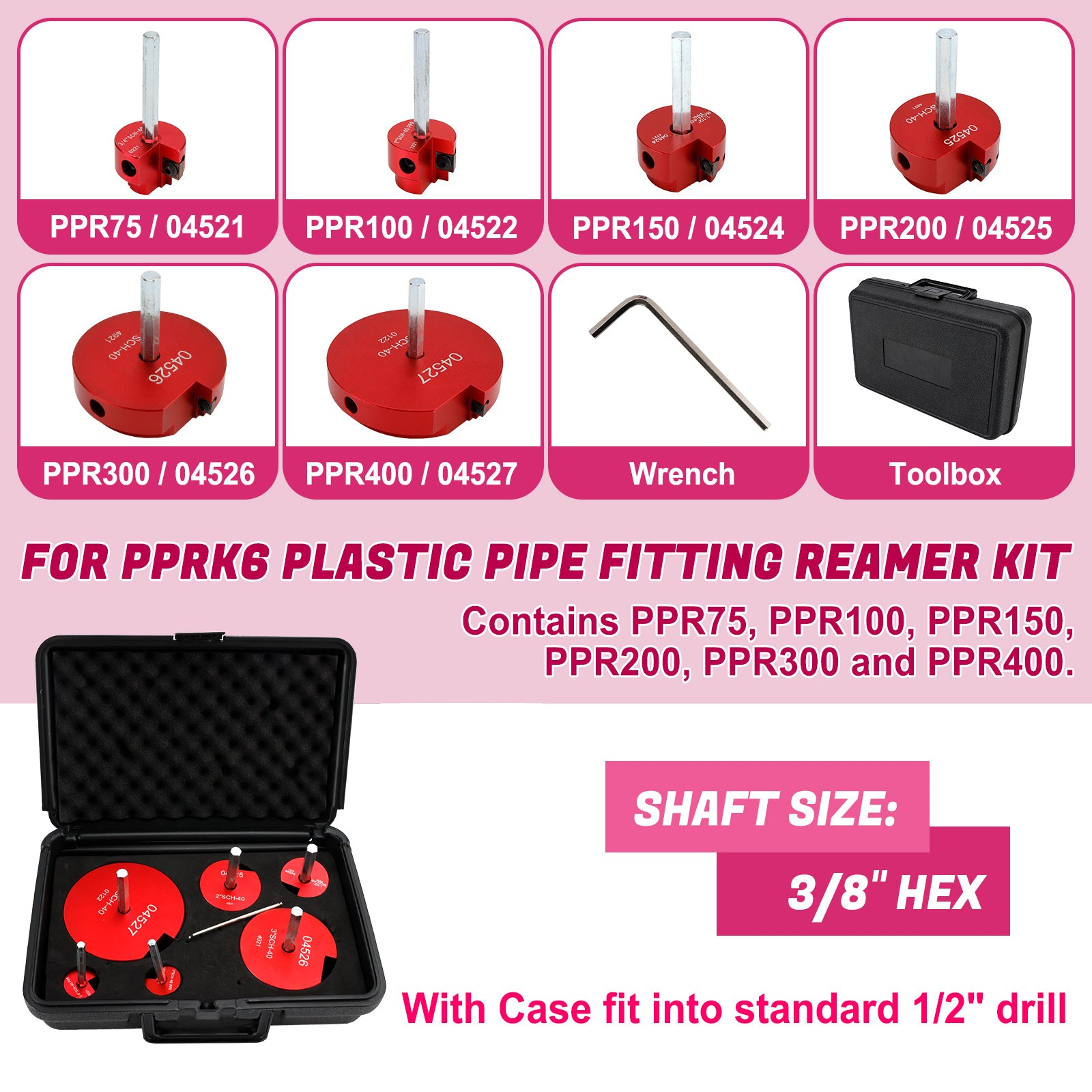 04529 For PPRK6 Plastic Pipe Fitting Reamer 6Pc Kit Fit Into Standard 1/2"Drills