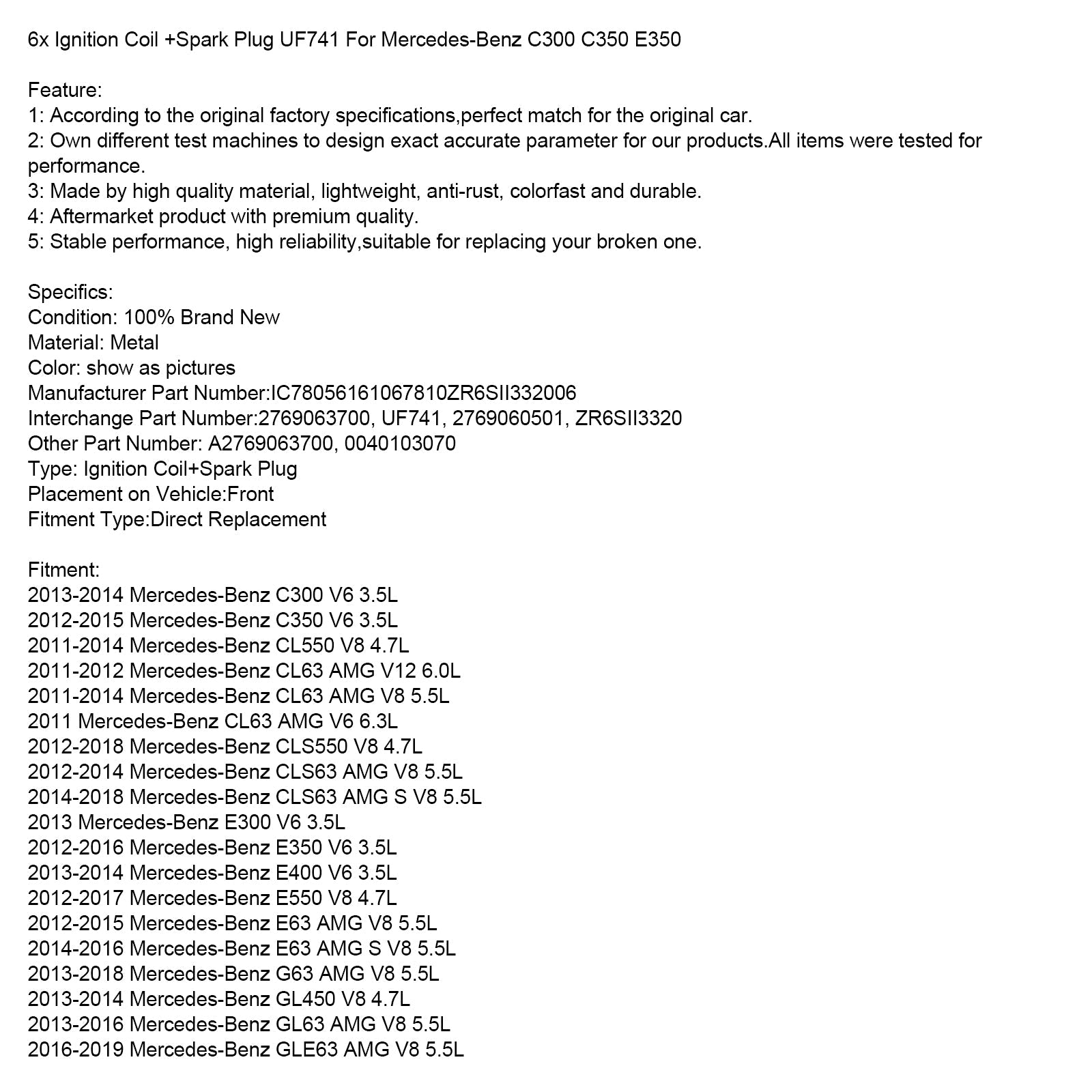 2012-2015 Mercedes-Benz C350 V6 3.5L Ignition Coil +Spark Plug UF741 6pcs 2769063700