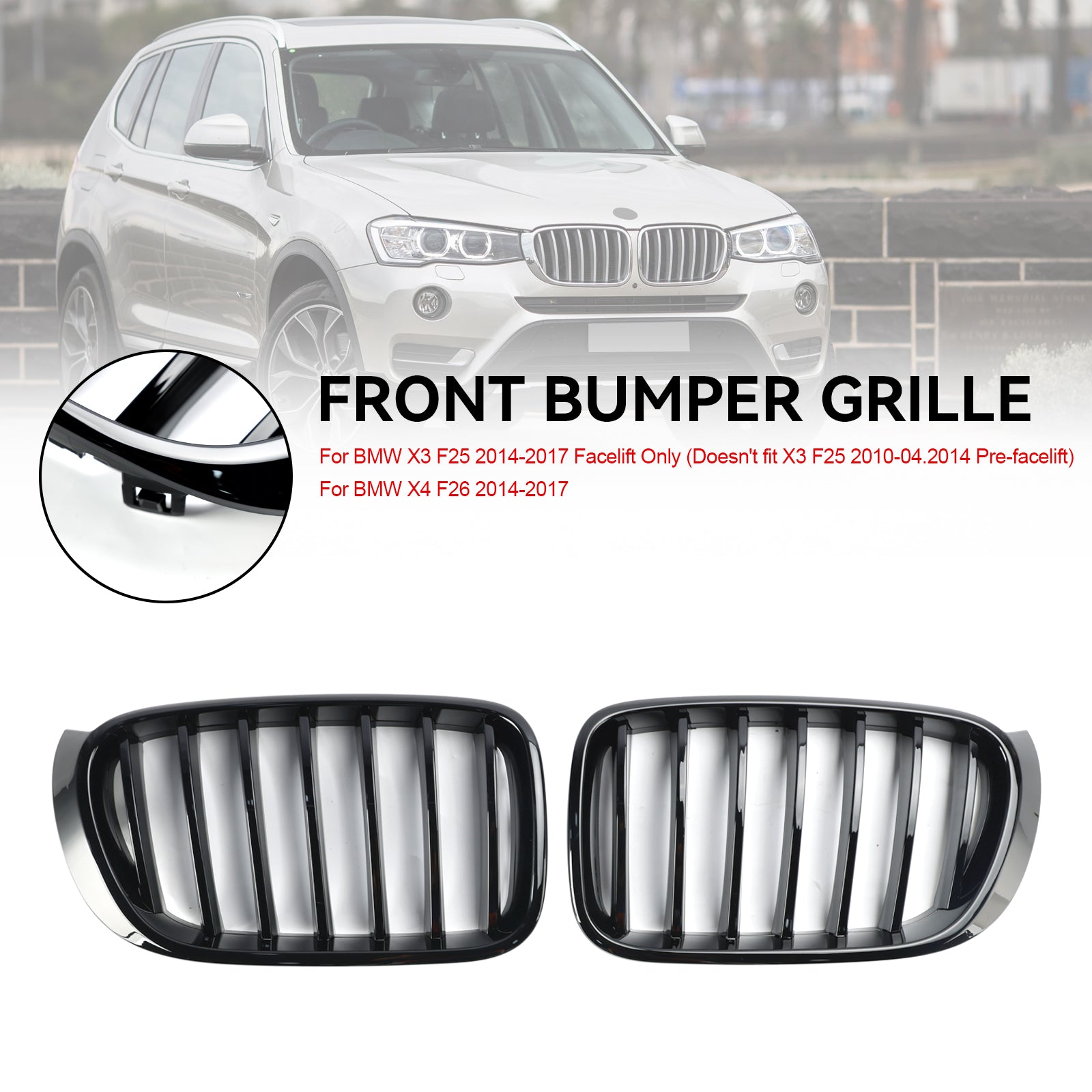 Gloss Black Front Bumper Kidney Grill Grille Fit BMW X3 X4 F25 F26 2014-2017