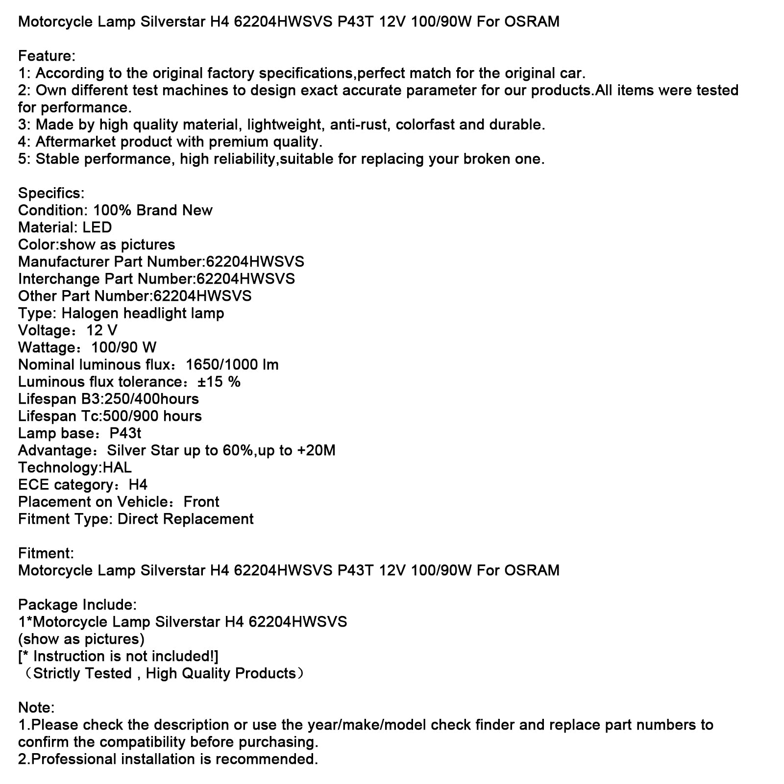 Motocyklová lampa Silverstar H4 62204HWSVS P43T 12V 100/90 W pre Osram