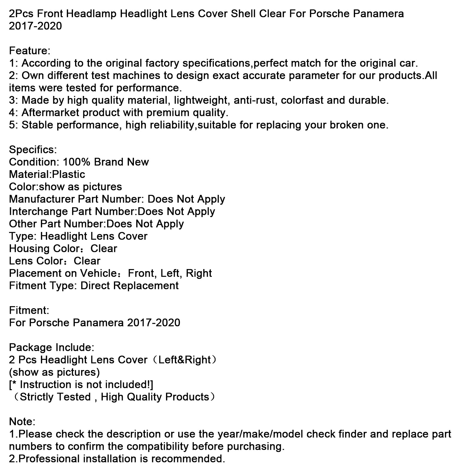 2017-2020 Porsche Panamera 2PCS Front-frontlys Linsedeksel Shell Clear