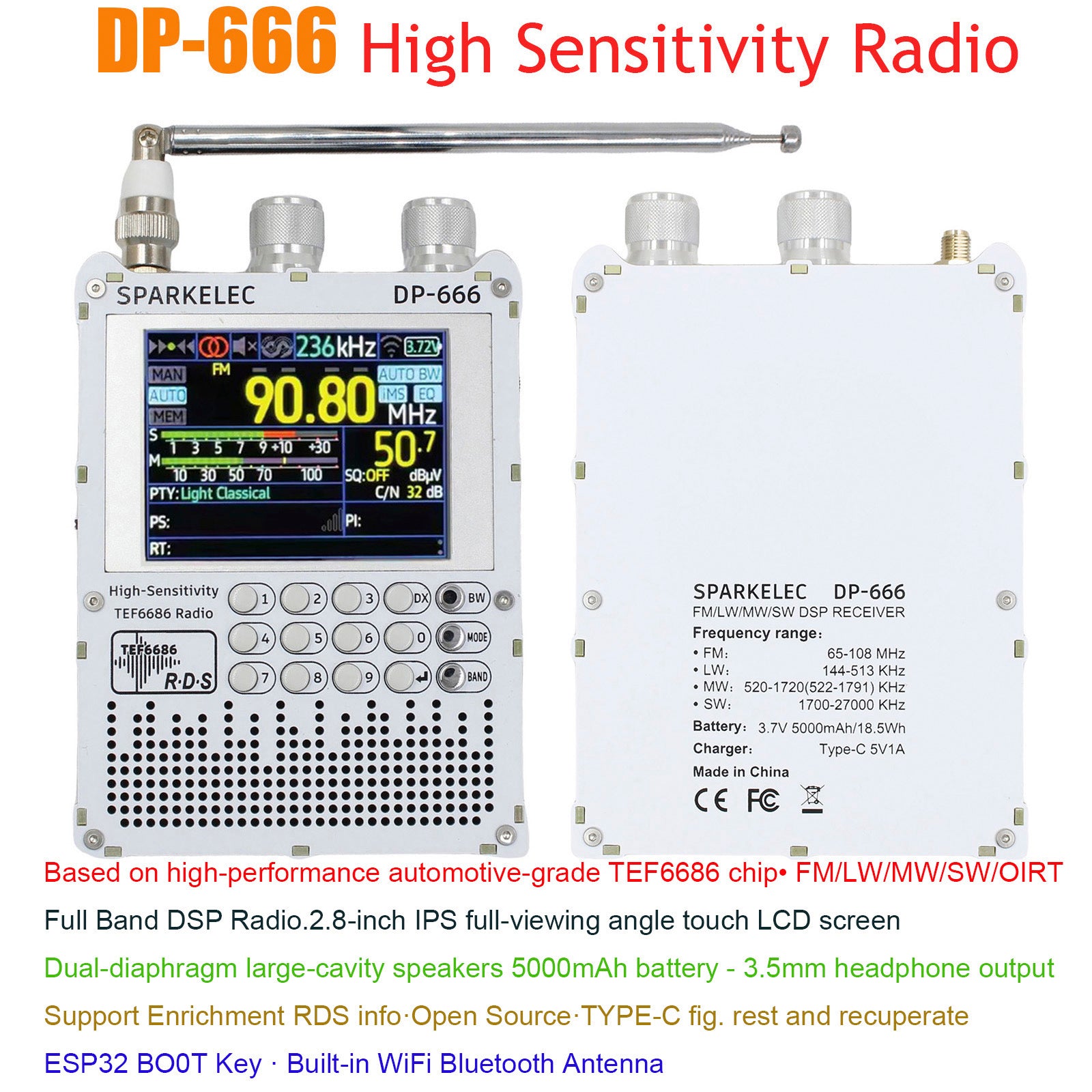 TEF6686 DSP Radio DP666 High Sensitivity Full Band LW MW SW 0IRT Shortwave Radio