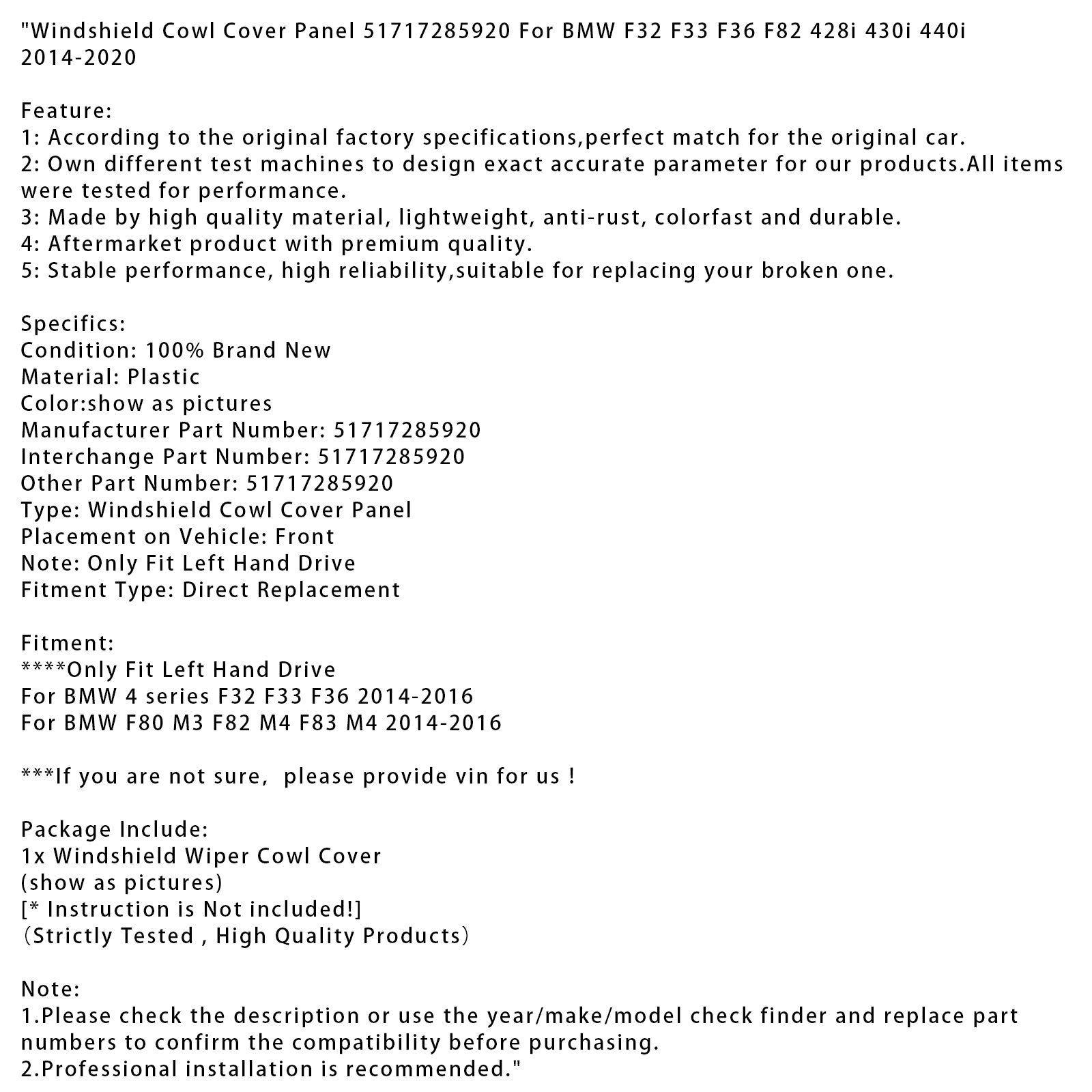 Windshield Cowl Cover Panel For BMW F32 F33 F36 F82 428i 430i 440i 2014-2020