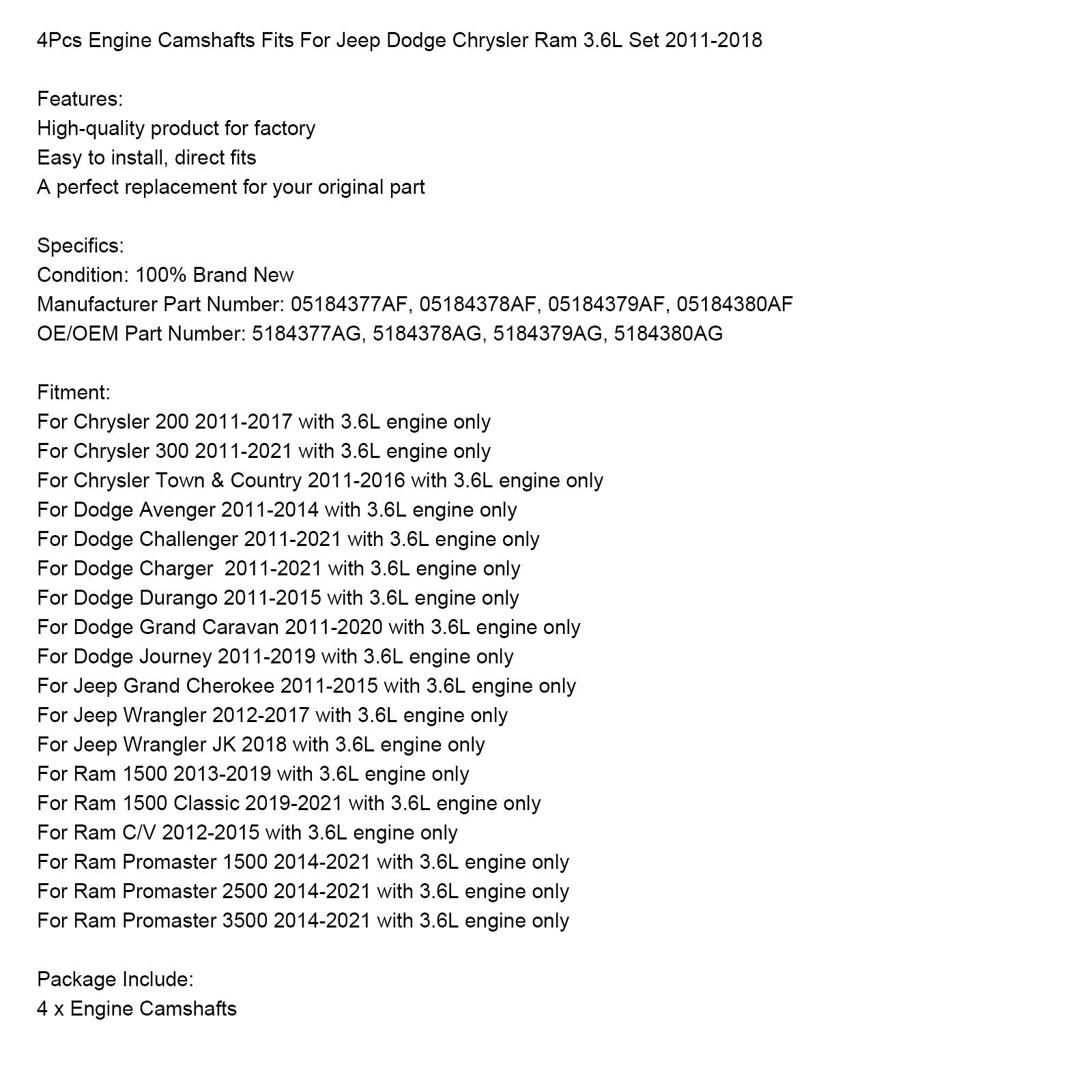 2013-2019 Ram 1500 met 3.6L motor Nokkenassen 05184377AF 4 Stuks